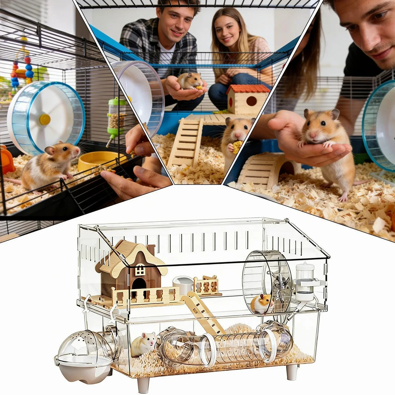 Jaula para Hámster Enano Claro de 2 Pisos, Parque para Chinchilla | Jaula con Bebedero y Arenero para Interior, Exterior y Viaje, Hogar para Mascotas Pequeñas y Roedores