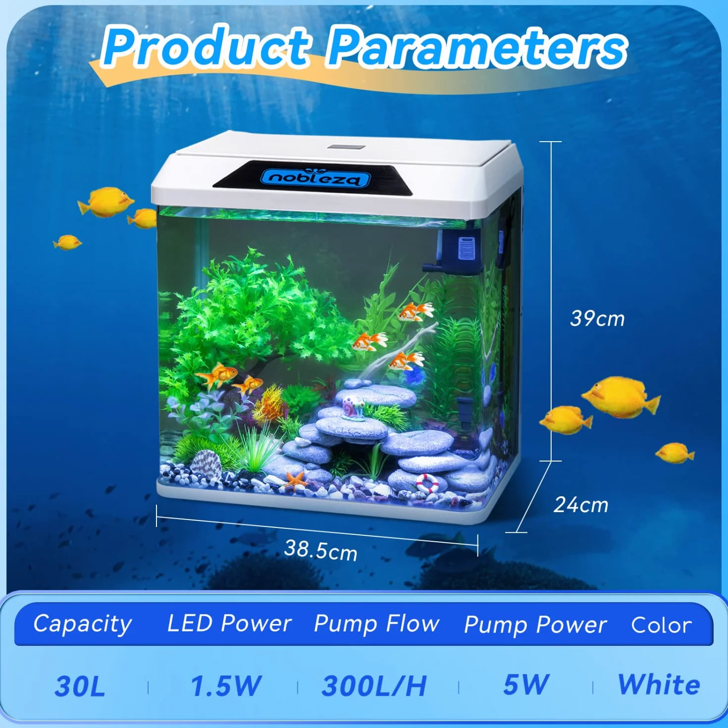 Nobleza - 30L Acuarios y Peceras Completas, Peceras de Cristal con Sistema de Filtrado e Iluminación LED, Acuarios de Iniciación, Blanco