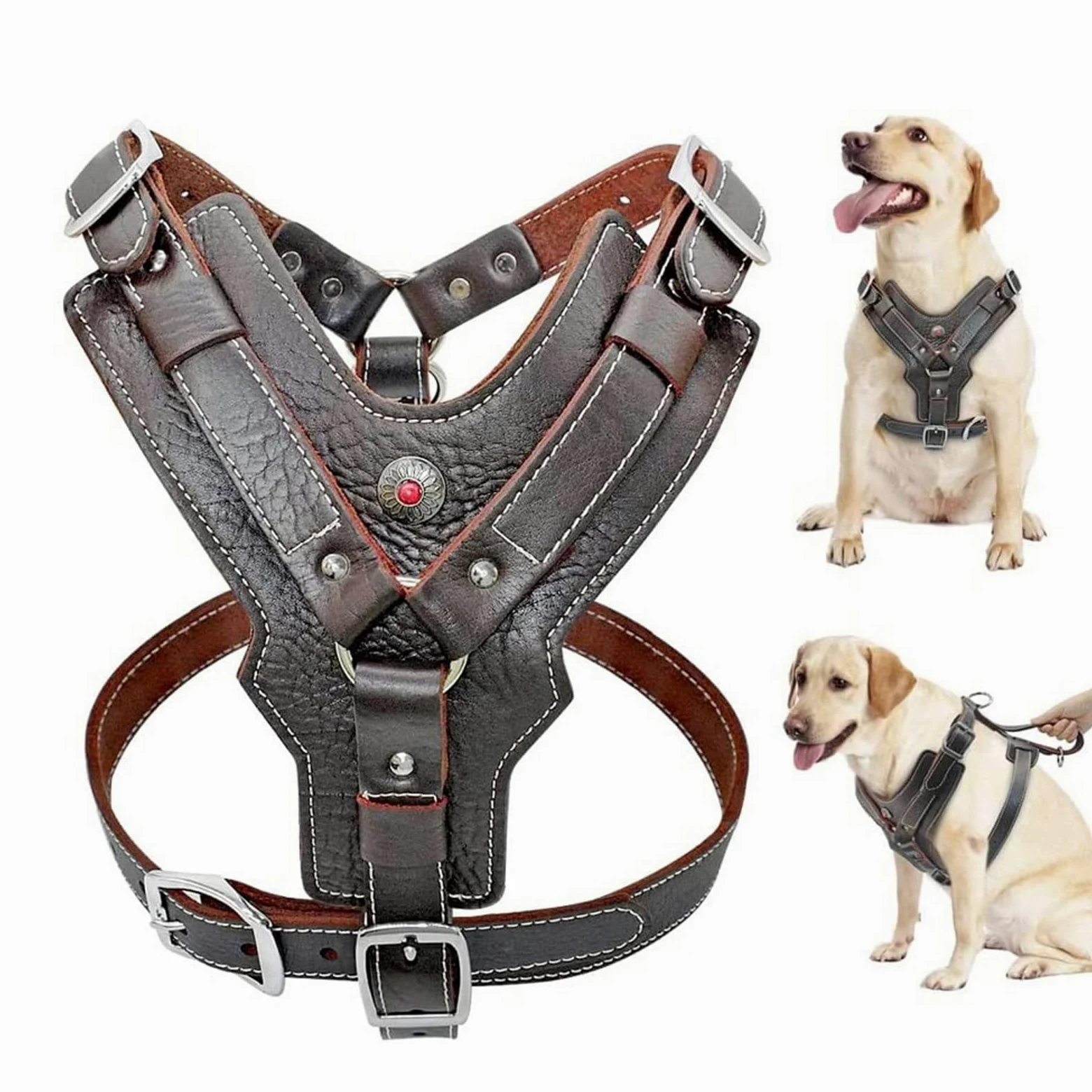 Durable Arnés del Perro Perros Grandes Arneses De Cuero Genuino Chaleco De Adiestramiento con Asa De Control Rápido para Labrador Pitbull(Size:L)