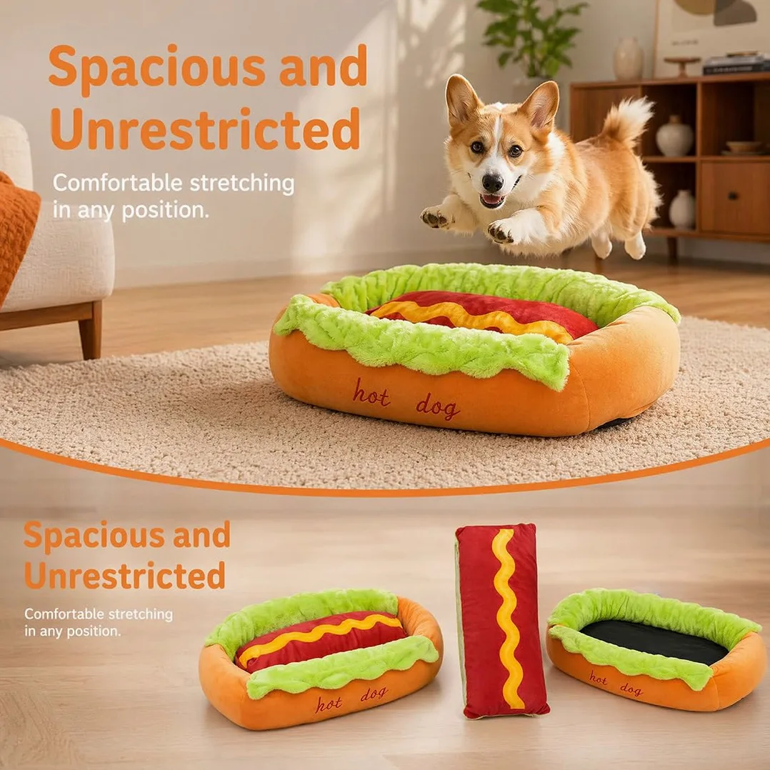 Cama Hot Dog para Perro Salchicha, Sofá de Peluche en Forma de Pan para Perros Pequeños y Gatos, Colchoneta Extraíble Lavable y Base Antideslizante (Hot Dog Bed,XL)