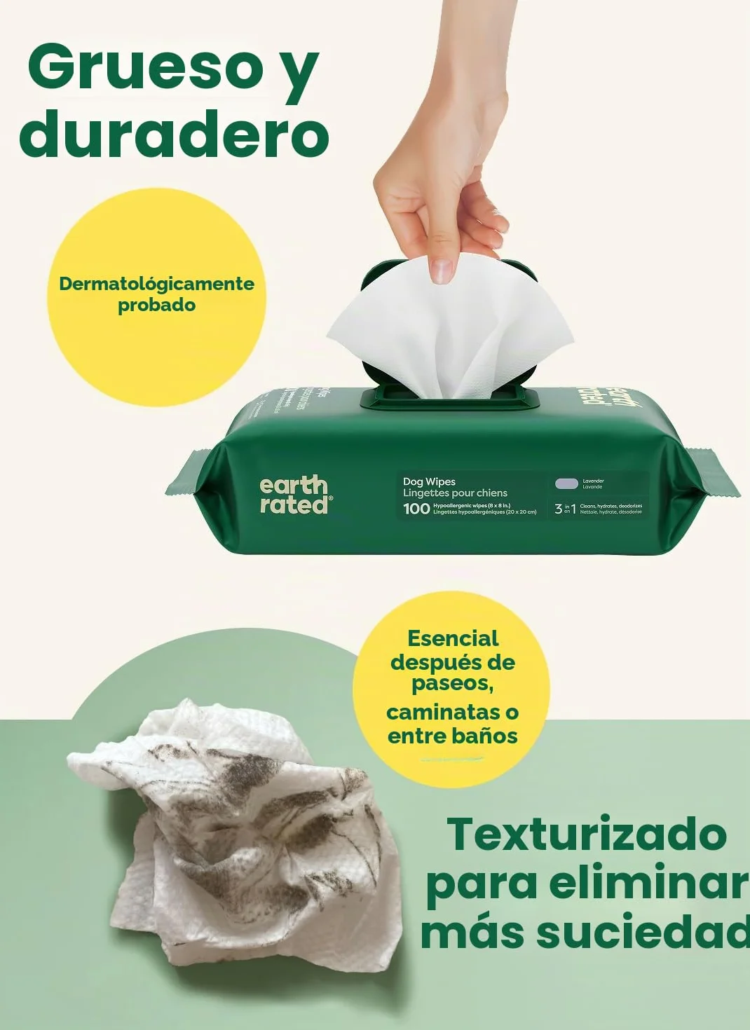 Earth Rated Toallitas hipoalergénicas para Perros, para Limpiar y Eliminar olores de Patas, Cuerpo y Trasero, Cachorros y Perros Adultos, Aroma a Lavanda, 100 Unidades