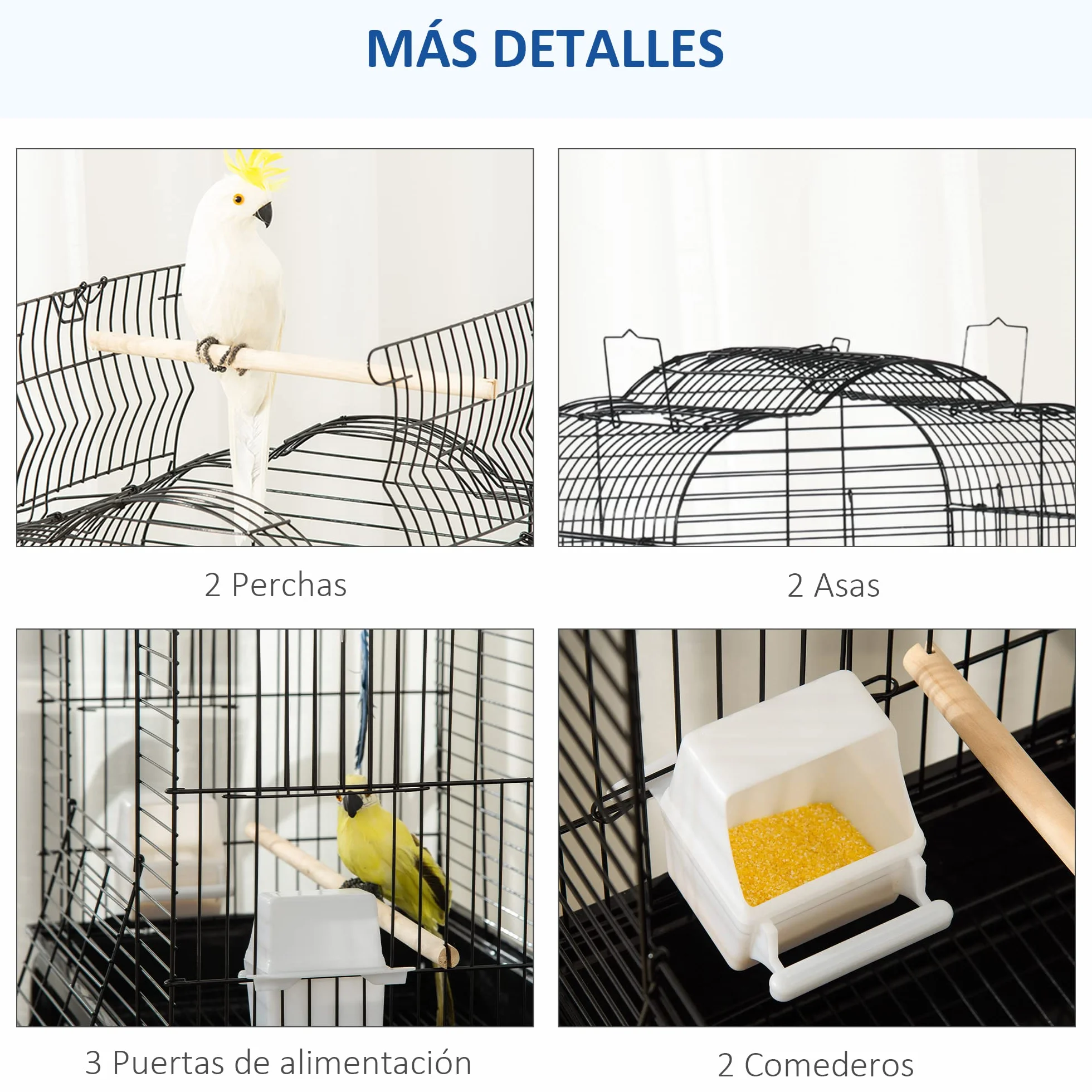 PawHut Jaula para Pájaros con Soporte Jaula de Aves Canarios con 4 Ruedas Techo Abrible 2 Comederos 3 Perchas Bandeja Extraíble y Estante Inferior 46x36x130 cm Negro
