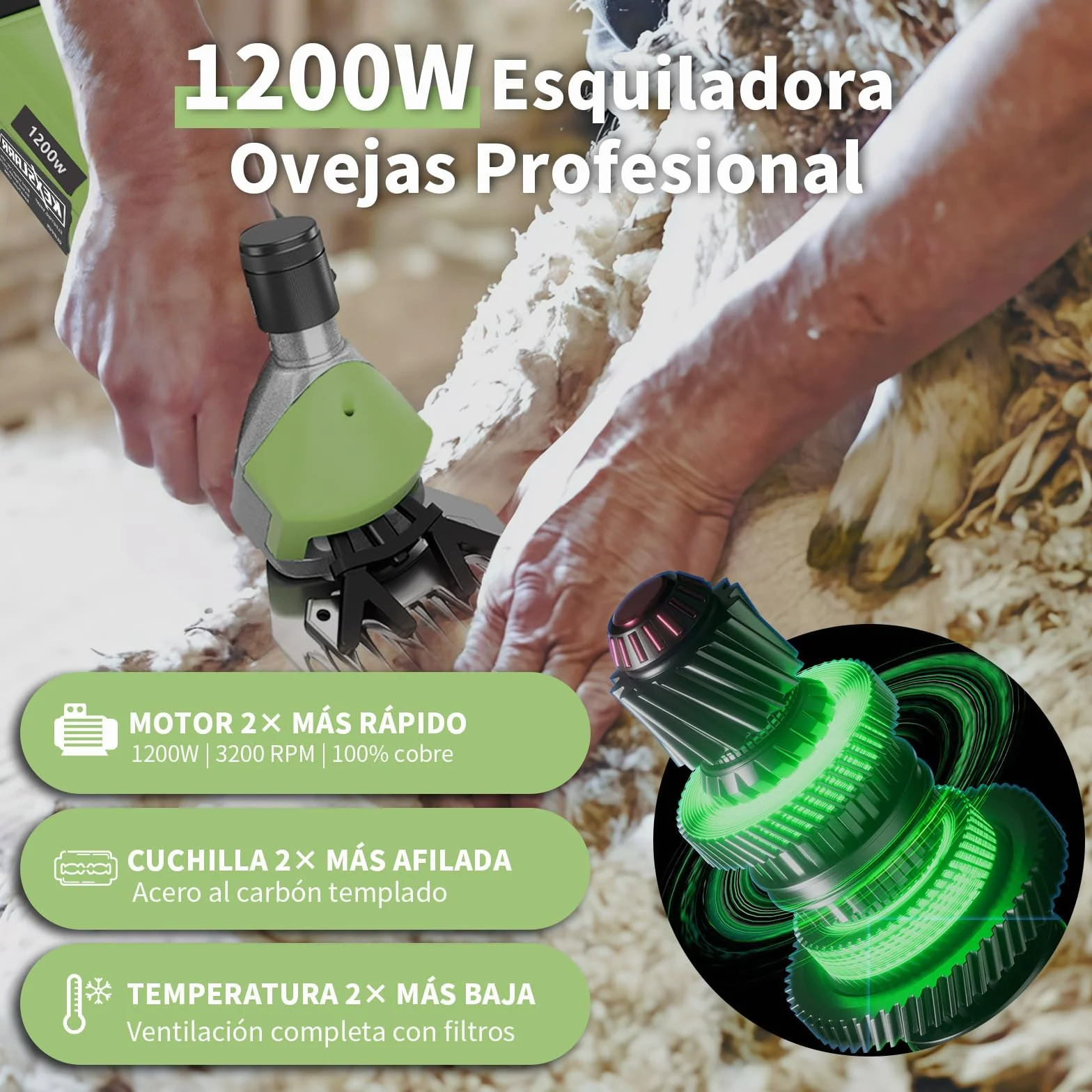 Maquina Esquilar Ovejas Profesional 1200W 6 Velocidades 3200 RPM Cortapelos Electrico para Cabras Alpacas