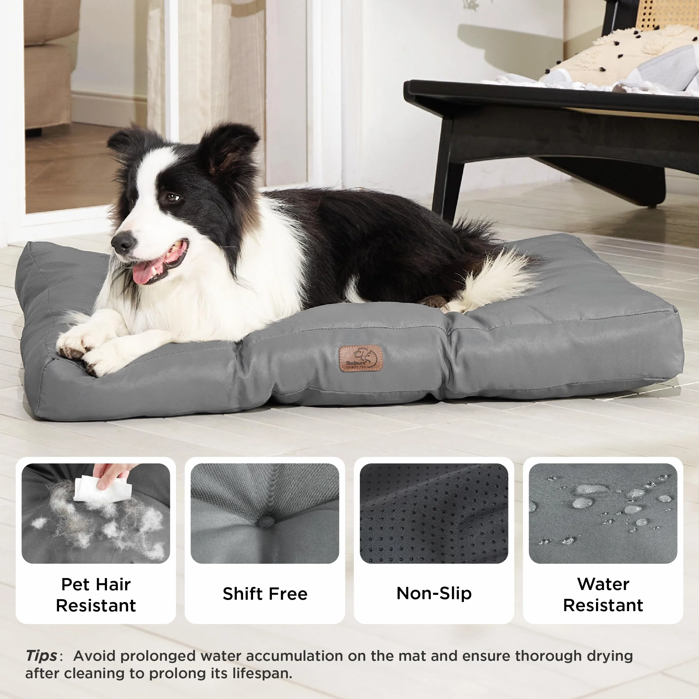 Bedsure Cama Perro Impermeable Grande - 91x68x10 cm Colchón Perro Lavable, Cojín Perro Antipelo y Suave, Gris Oscuro, L
