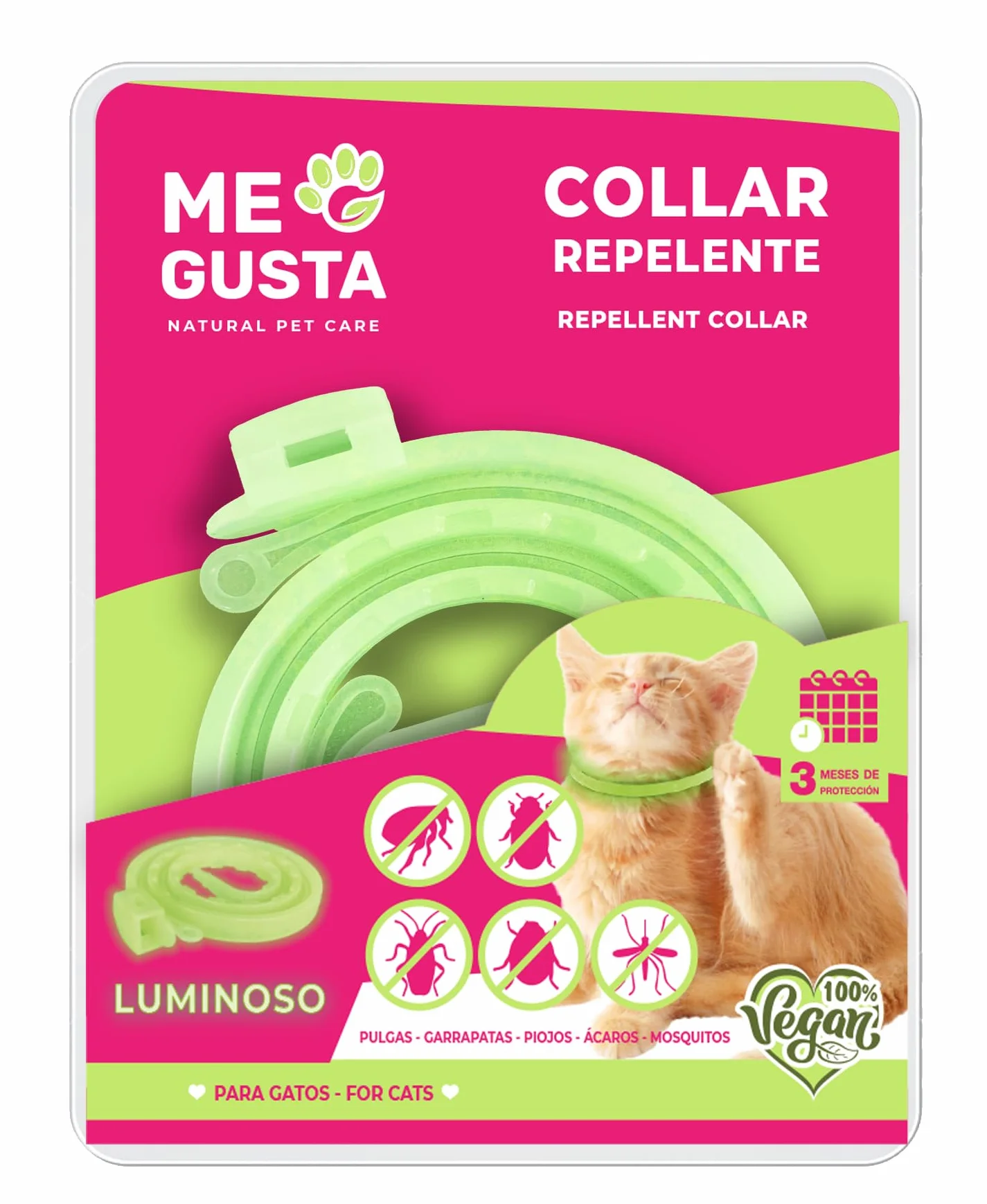 ME Gusta Collar Luminiscente Repelente para Gatos con Geraniol | Repele Todo Tipo de Insectos | Fragancia Cítrica | 30 cm