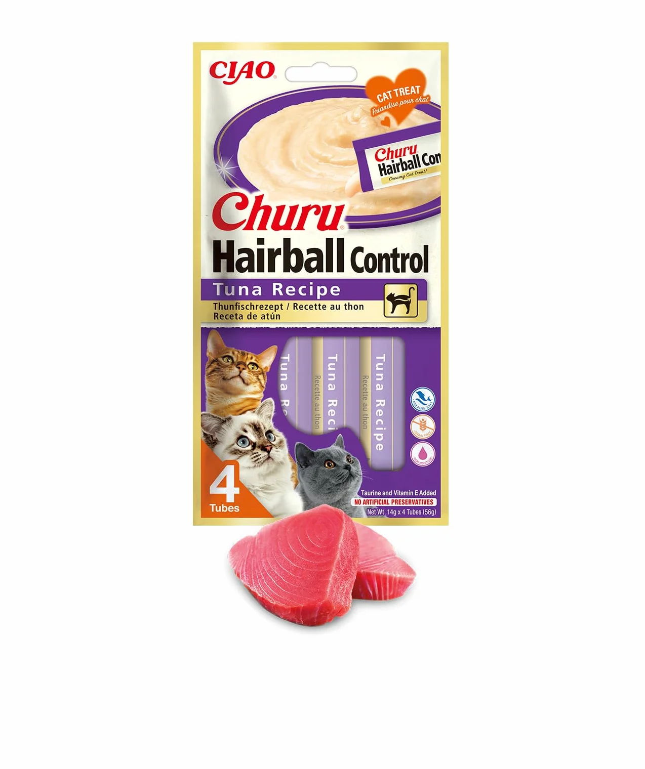 Churu Hairball Control Gatos - Snacks para prevenir Las Bolas de Pelo- Receta de Atún - Promueve una digestión Saludable - 56g (4 Tubos x14g)