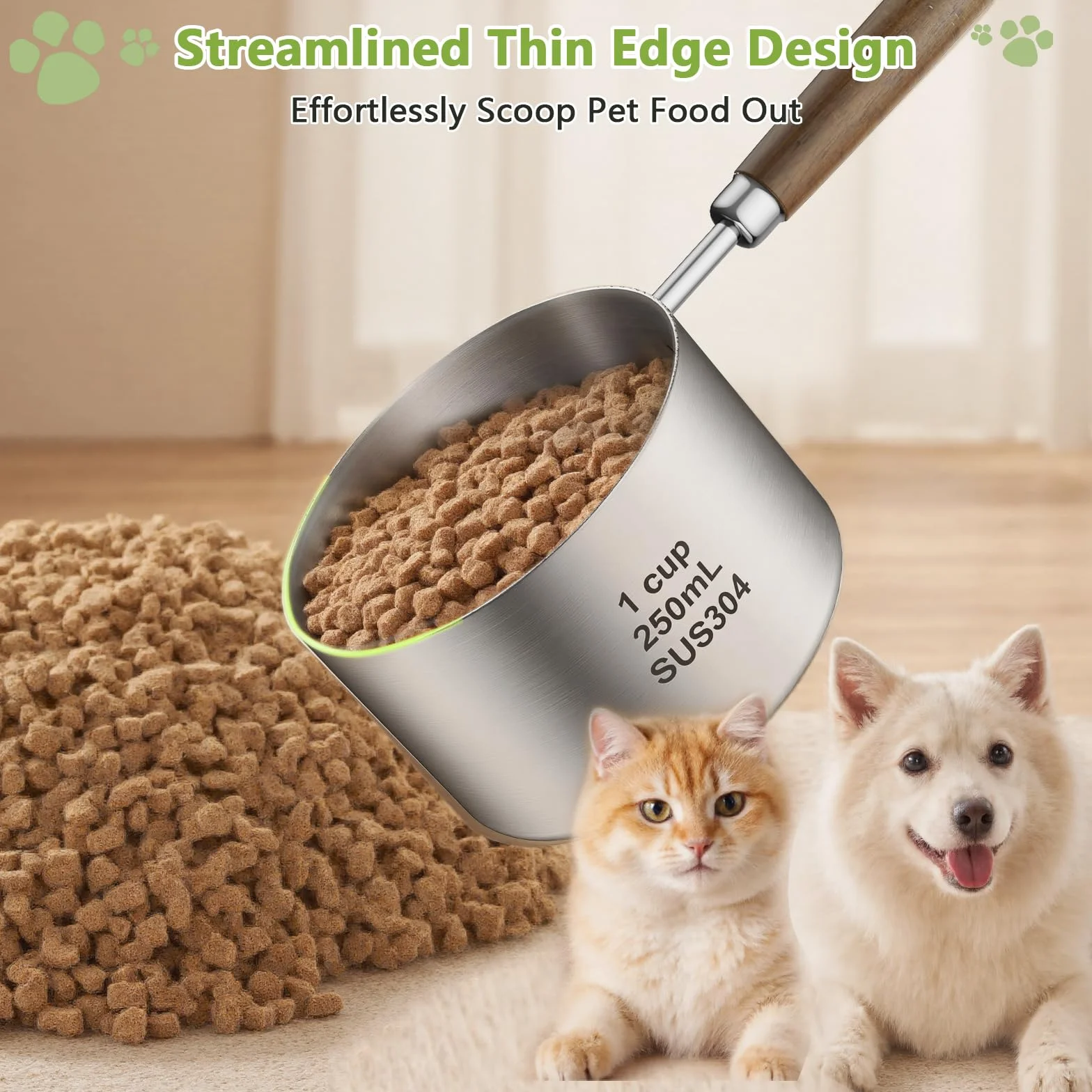 Cuchara de comida para perros y gatos, 1 taza, taza medidora de acero inoxidable 304 con mango largo de madera, cuchara duradera para perros, gatos, conejos, fácil de limpiar con marcas de