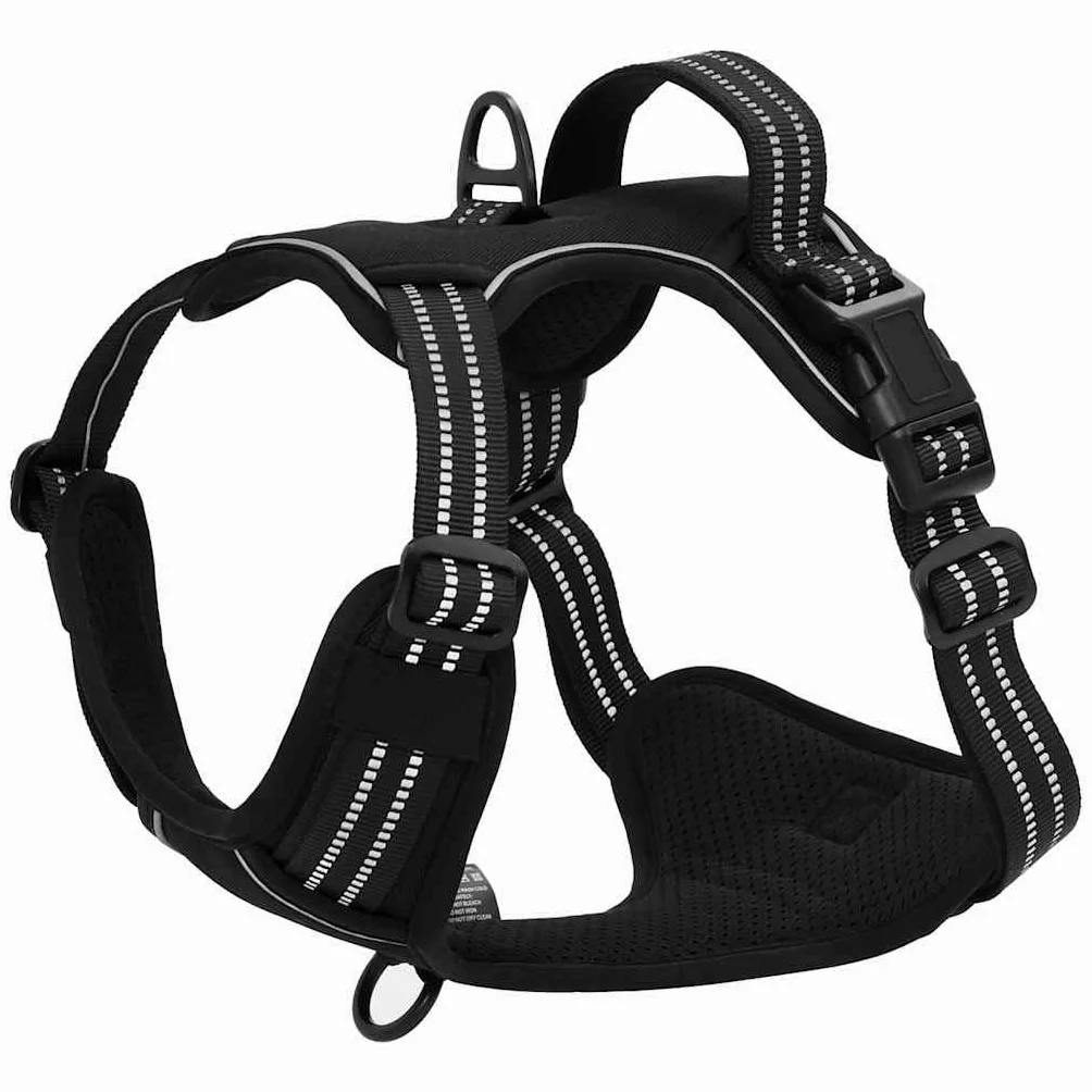 Arnés reflectante ajustable negro XL de poliéster con 4 correas, 2 anillos de correa y mango de seguridad para cachorros, paseos, entrenamiento y uso al aire libre