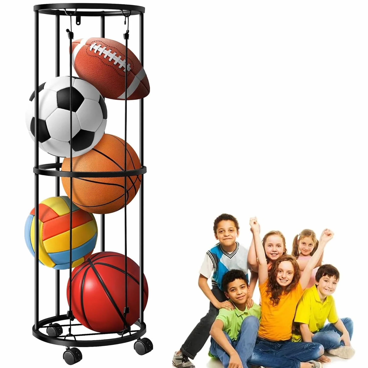 Soporte vertical para pelotas con ruedas, jaula de almacenamiento montada en la pared, estantería para baloncesto, fútbol y voleibol