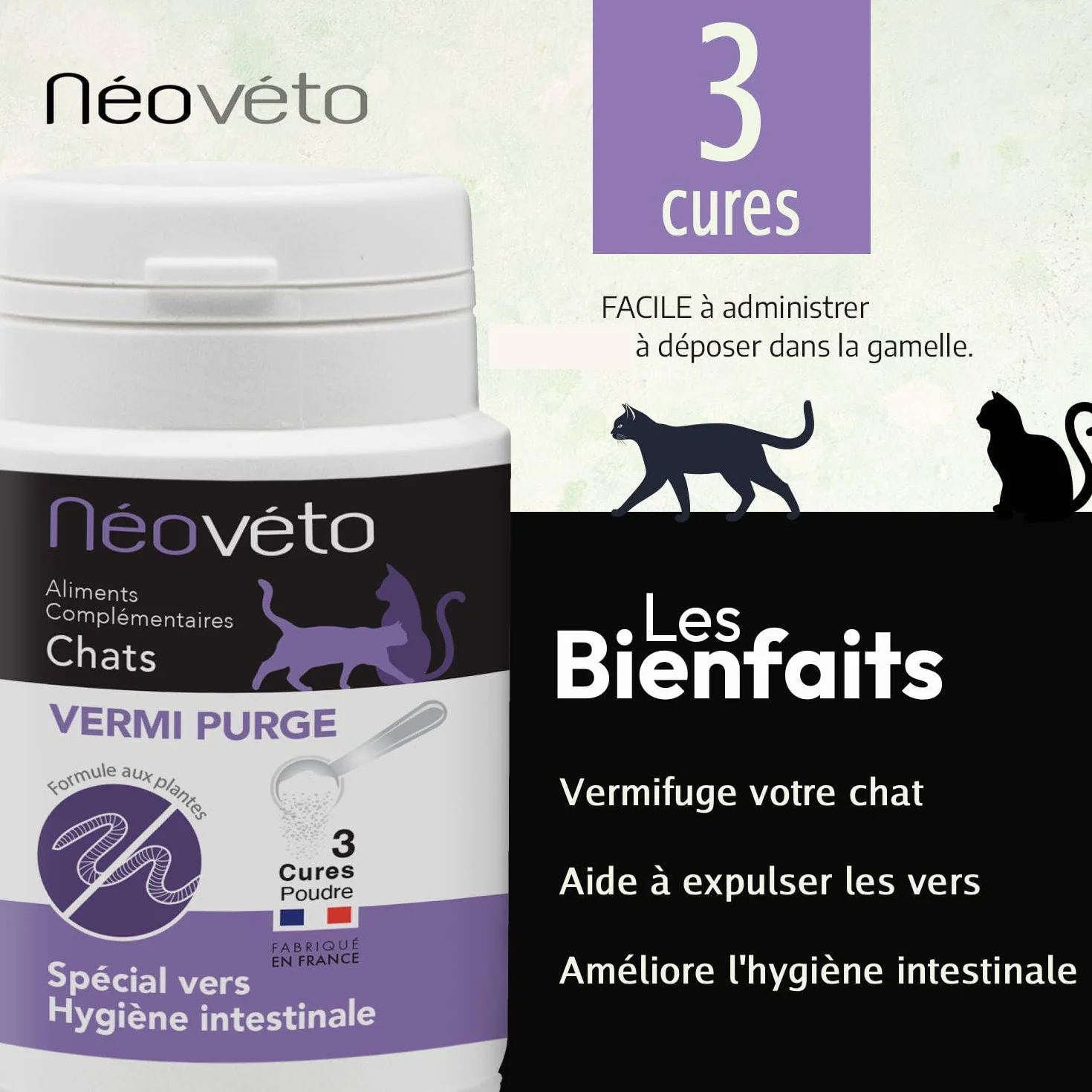 DESPARASITANTE para Gatos Antiparasitario Interno en en Polvo Natural, Ingredientes Activos autorizados por los Servicios Veterinarios Franceses