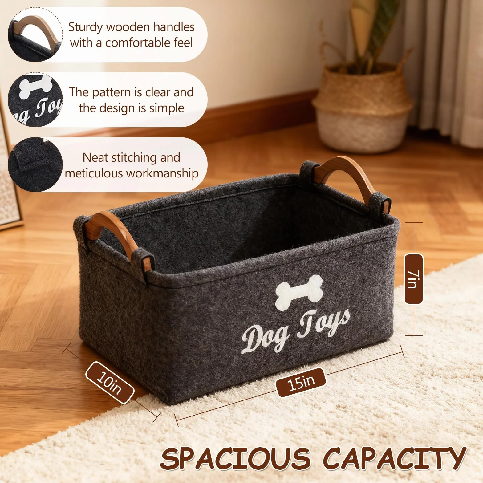 Cesta de Fieltro, Caja de Juguetes para Perros con Mango Madera, Cesta de Almacenamiento Juguete para Perros Versátil, Organizar Comida, Juguetes Accesorios Mascotas