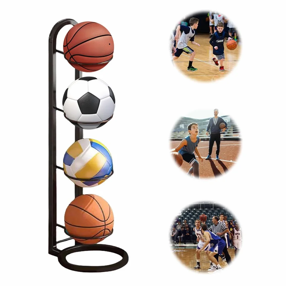 Soporte de Exhibición Vertical para Pelotas 4 Niveles, Estante de Almacenamiento de Metal, para Voleibol Baloncesto Fútbol Negro