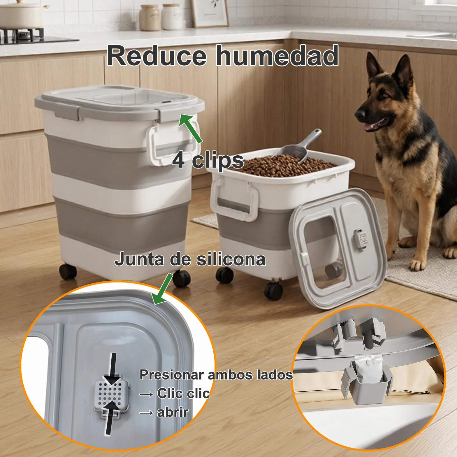FUSHITON Gran Contenedor de Comida para Perros Plegable con Ruedas 24L/17,5kg – Recipiente Hermético para Pienso con Clip y Junta de Silicona, Incl. Pala + Taza Medidora 1000ml, Plegable Gris
