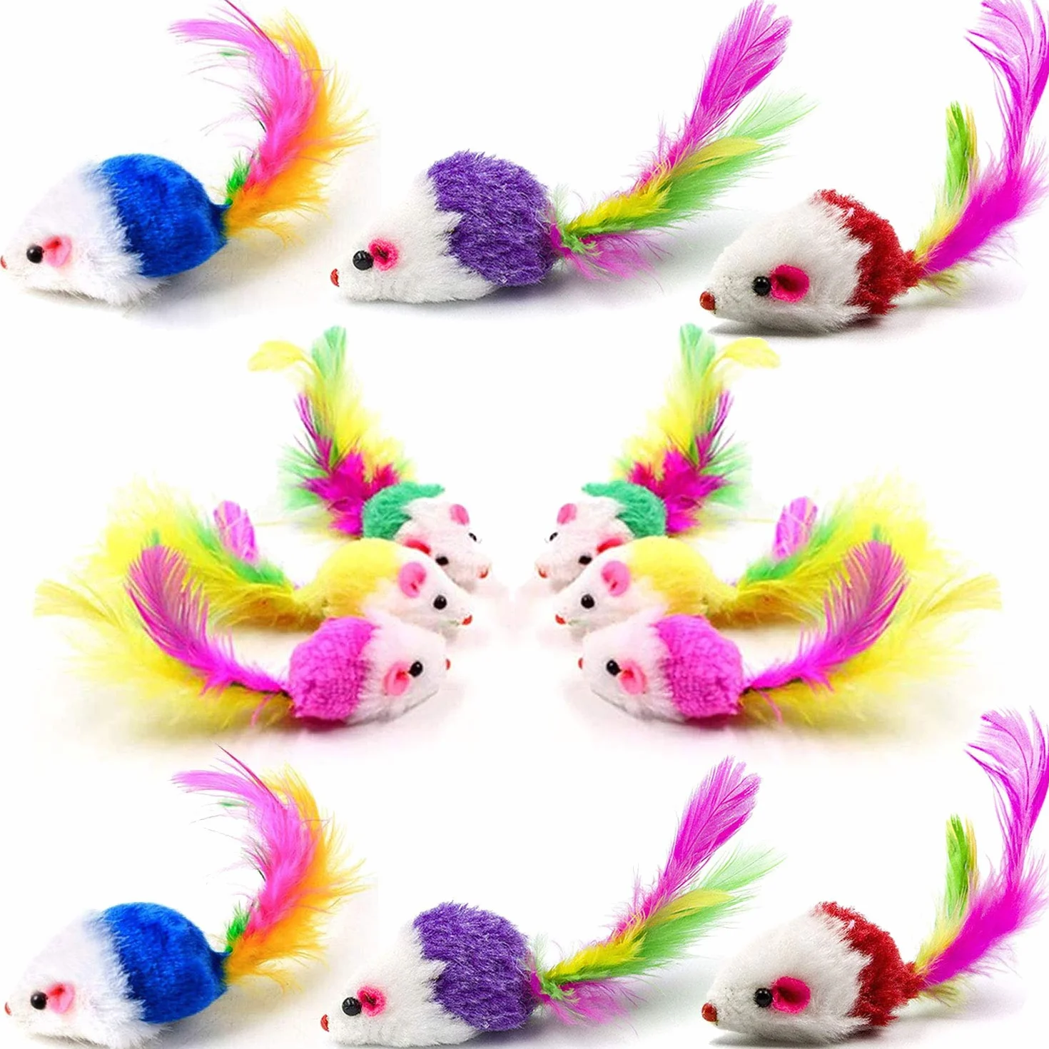 VOVIGGOL 12 Piezas Peludo Juguetes Gato Ratones para Gatos, Interactivo Gatito Juguetes Ratón Sonajero Plumas para Gatos Mascota (Colores Variados)