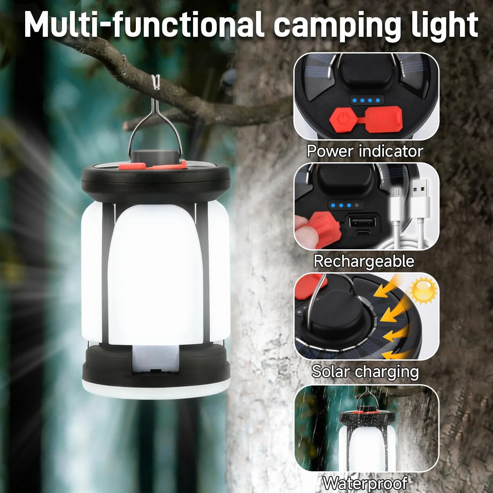 Lámpara Camping Plegable LED Recargable 6 Modos Luz 2400mAh Carga Solar USB 60 LEDs