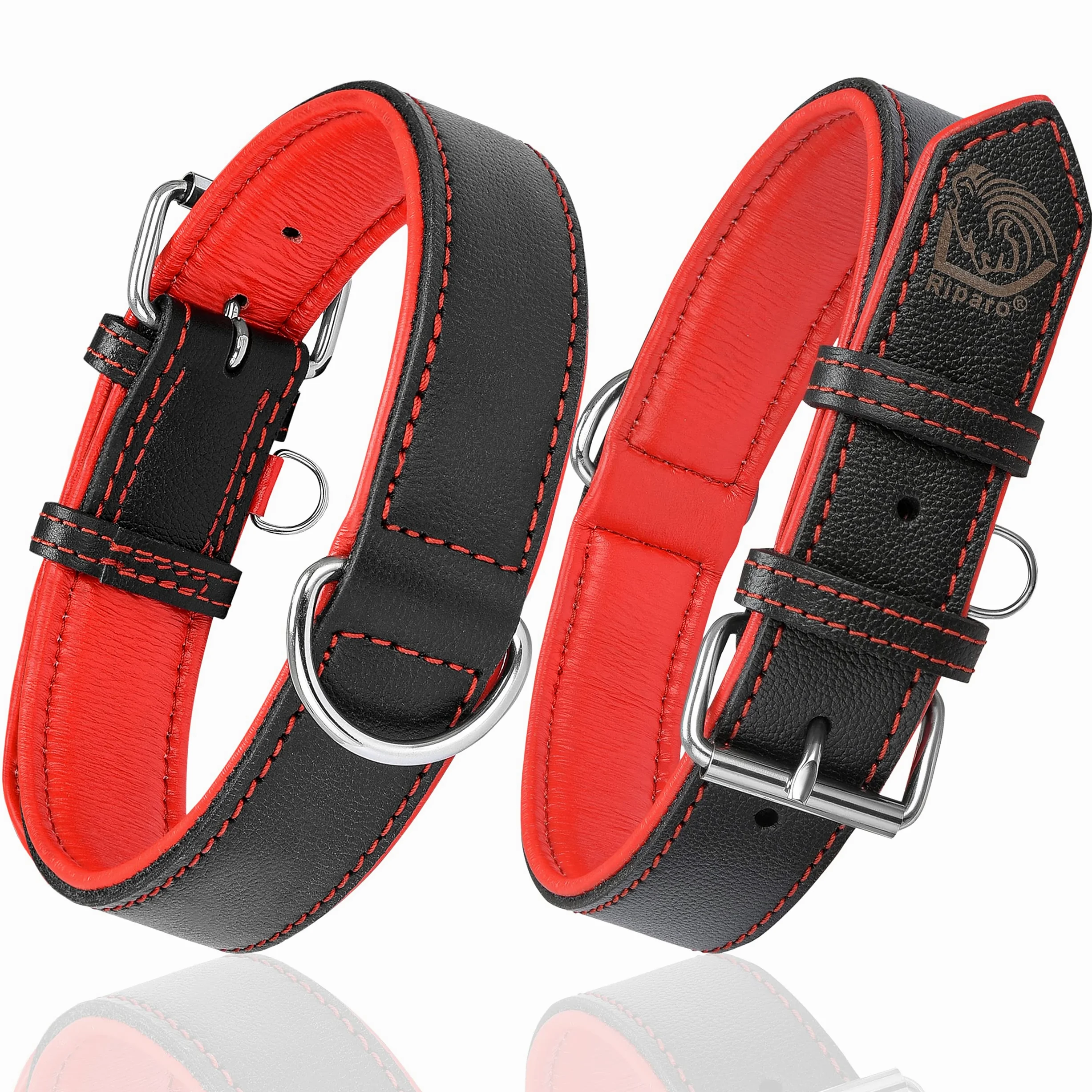 Riparo K-9 - Collar ajustable de piel auténtica acolchada para perro