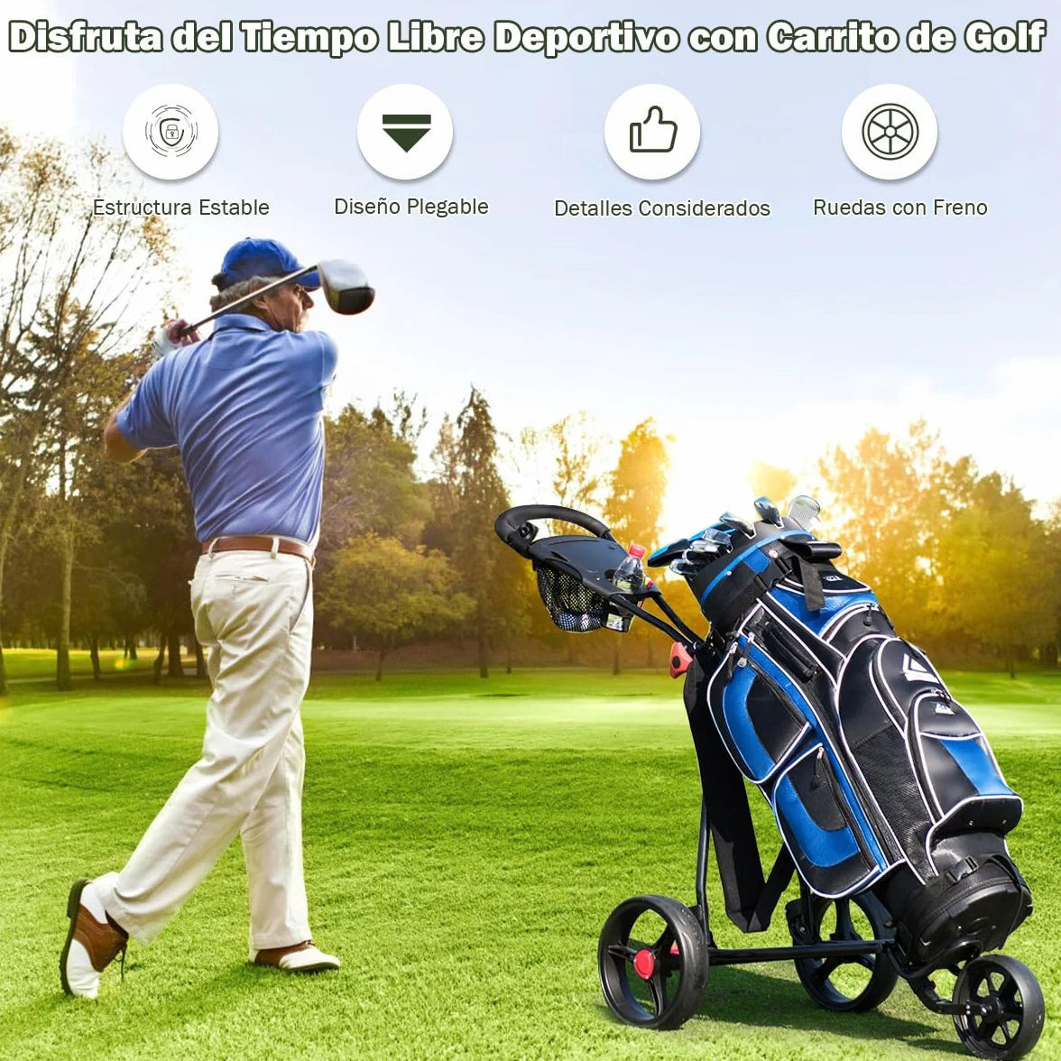 GYMAX Carro de Golf Plegable, 3 Ruedas, Red de Malla, Soporte Paraguas, Hierro, Negro