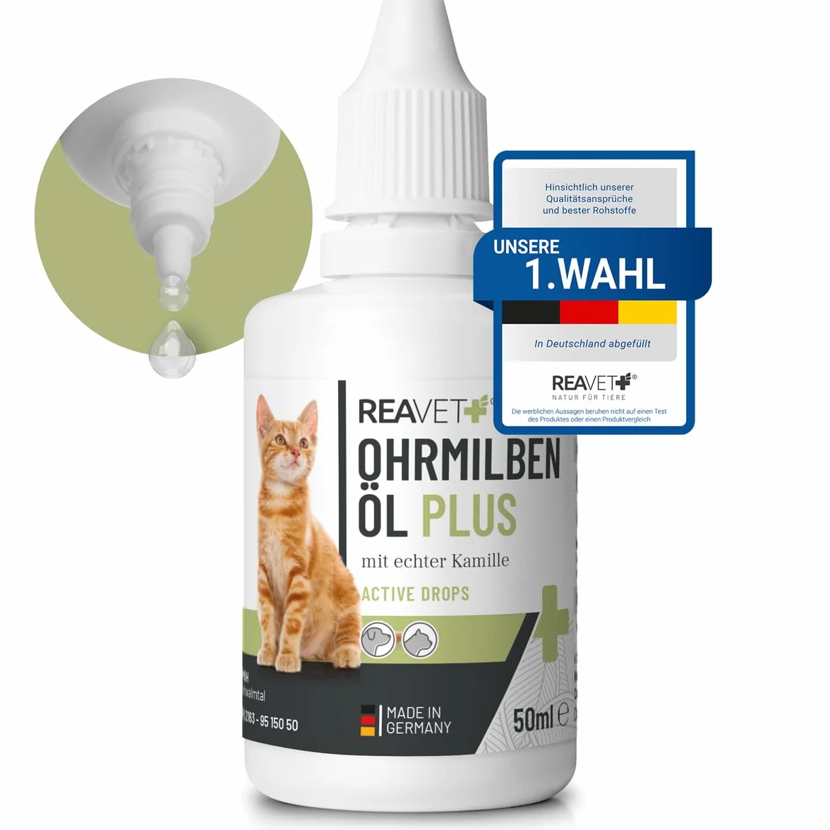 ReaVET Aceite para Ácaros de Oído Plus 50ml - Tratamiento rápido para Gatos contra ácaros de oído, con manzanilla, Alivia la picazón y Limpia Suavemente los oídos. Gotas para oídos y Limpiador
