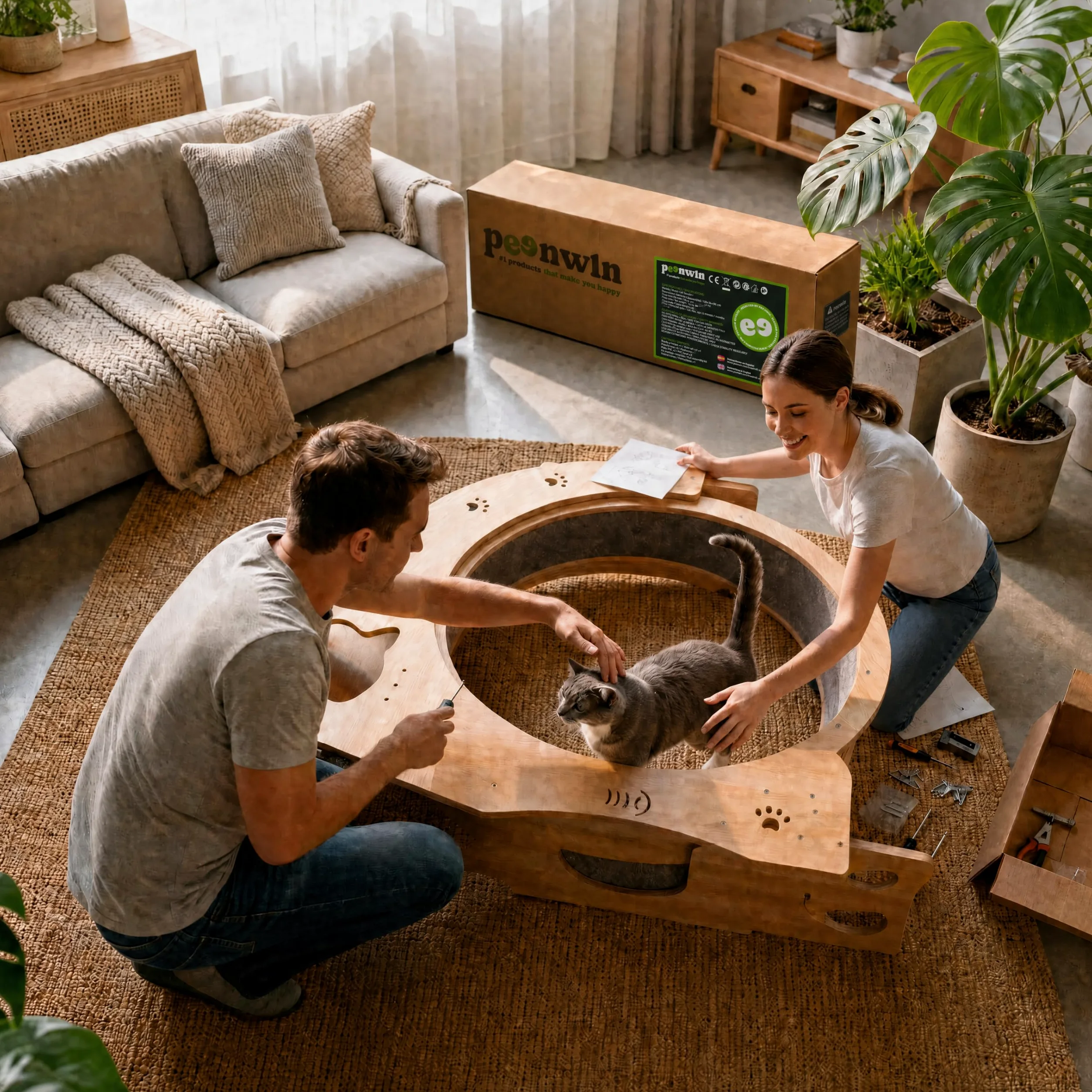 Rueda de Ejercicio para Gatos de Madera Maciza 5 en 1 (100cm) con Casita Integrada, Rascador, Plataformas y Cuencos – Cinta de Correr Silenciosa y Estable para Gatos Grandes y Perros Pequeños