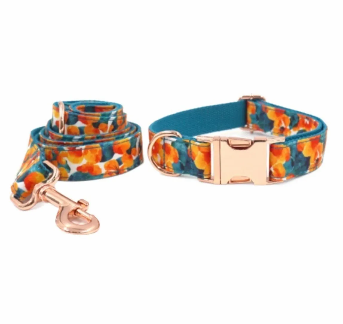 Correa Perro Correr Conjunto de Correa Cuello Mascota Oro Rosa Impreso Collar cómodo Suministros para Mascotas Perro Suave Antideslizantes Reforzada(23-30cm)