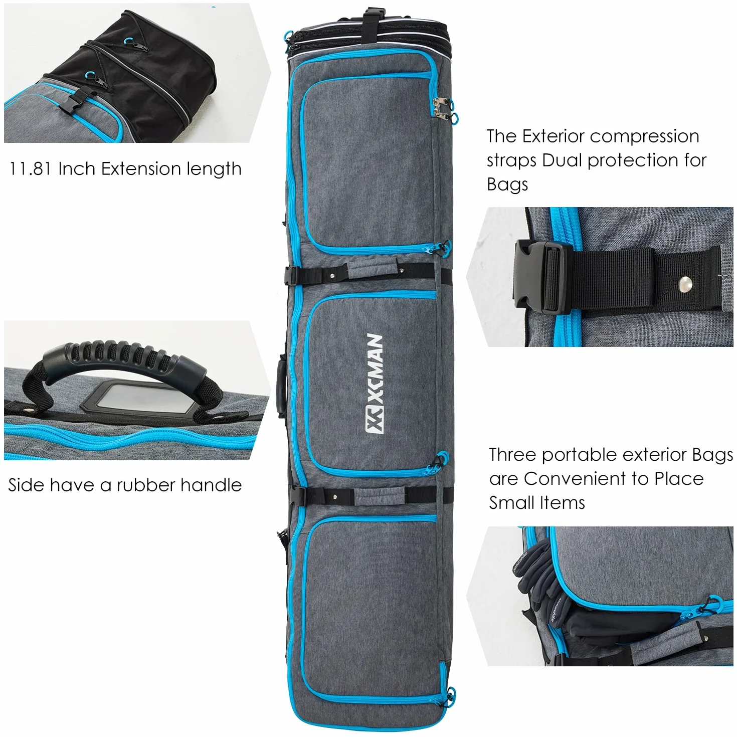 XCMAN Bolsa de Snowboard Acolchada con Ruedas Ajustable 63-75 Pulgadas 100L