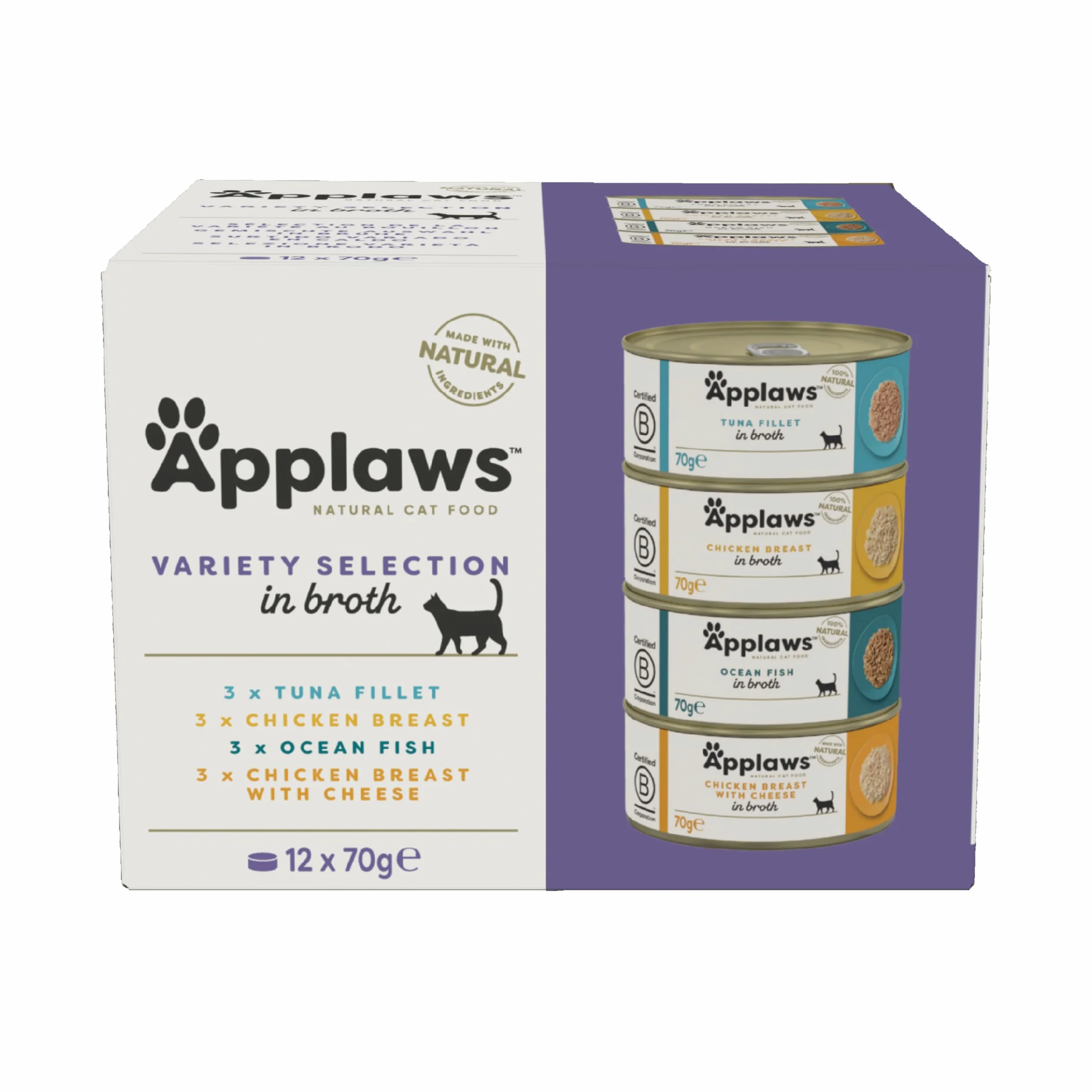 Applaws Comida Húmeda para Gatos Adultos en Caldo - Atún, Pollo y Pescado del Océano - Paquete 12x70g