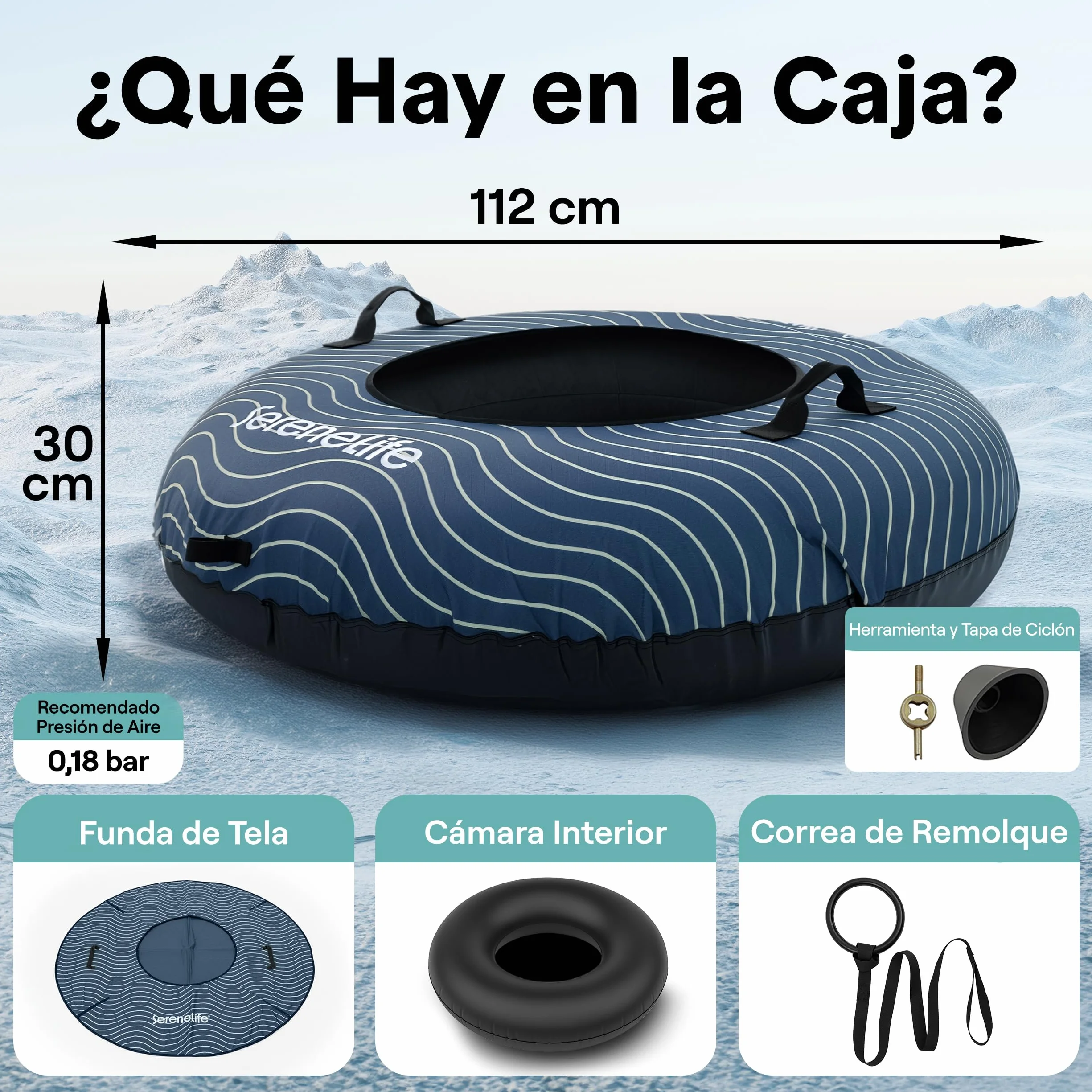 SereneLife Snowtube 101/112/122 cm Trineo Inflable para Niños y Adultos con Base de Plástico Resistente