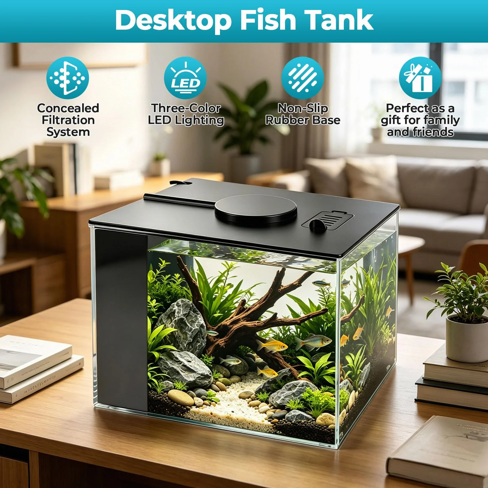 Betta Fish Tank, pequeño acuario de plástico con cubierta y luz LED, kit de inicio de acuario con sistema de filtro, mini pecera de escritorio para camarones Betta