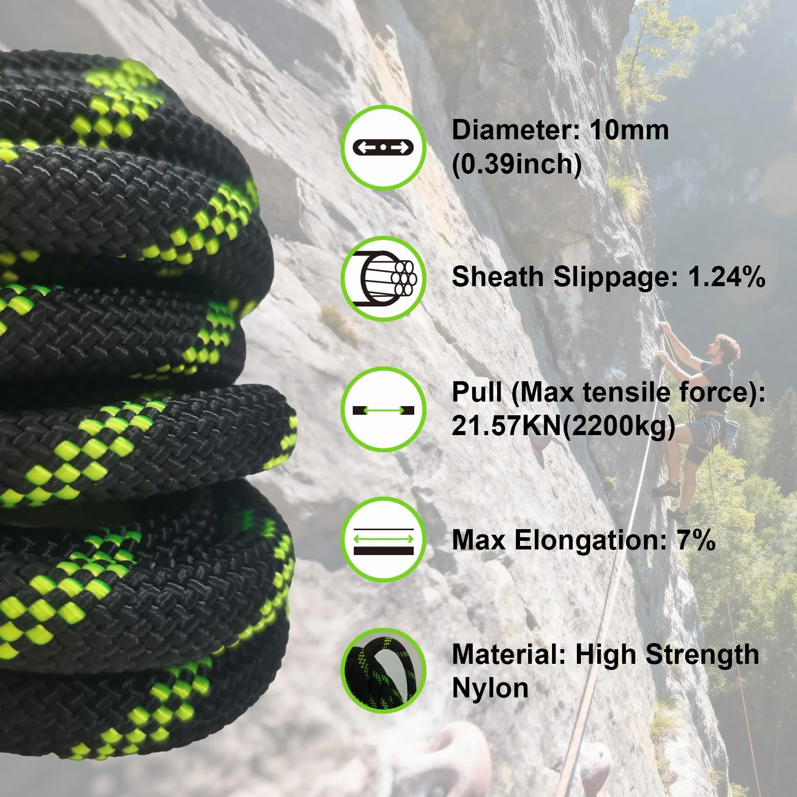 Cuerda de Escalada 10mm Estática 20m Rescate Alturas UIAA Fluorescente Negra