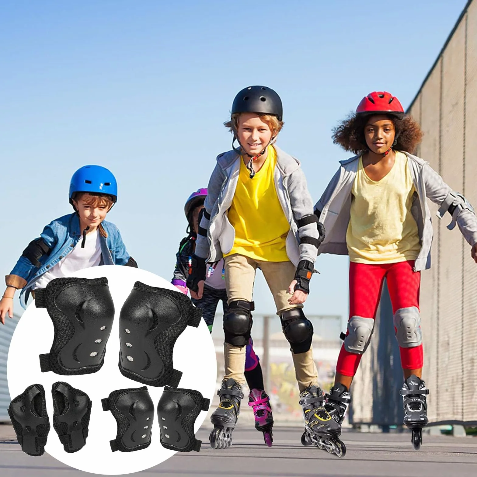 Set de Protección Infantil Negro Rodilleras Coderas Muñequeras 6 Piezas para Patines Bicicleta