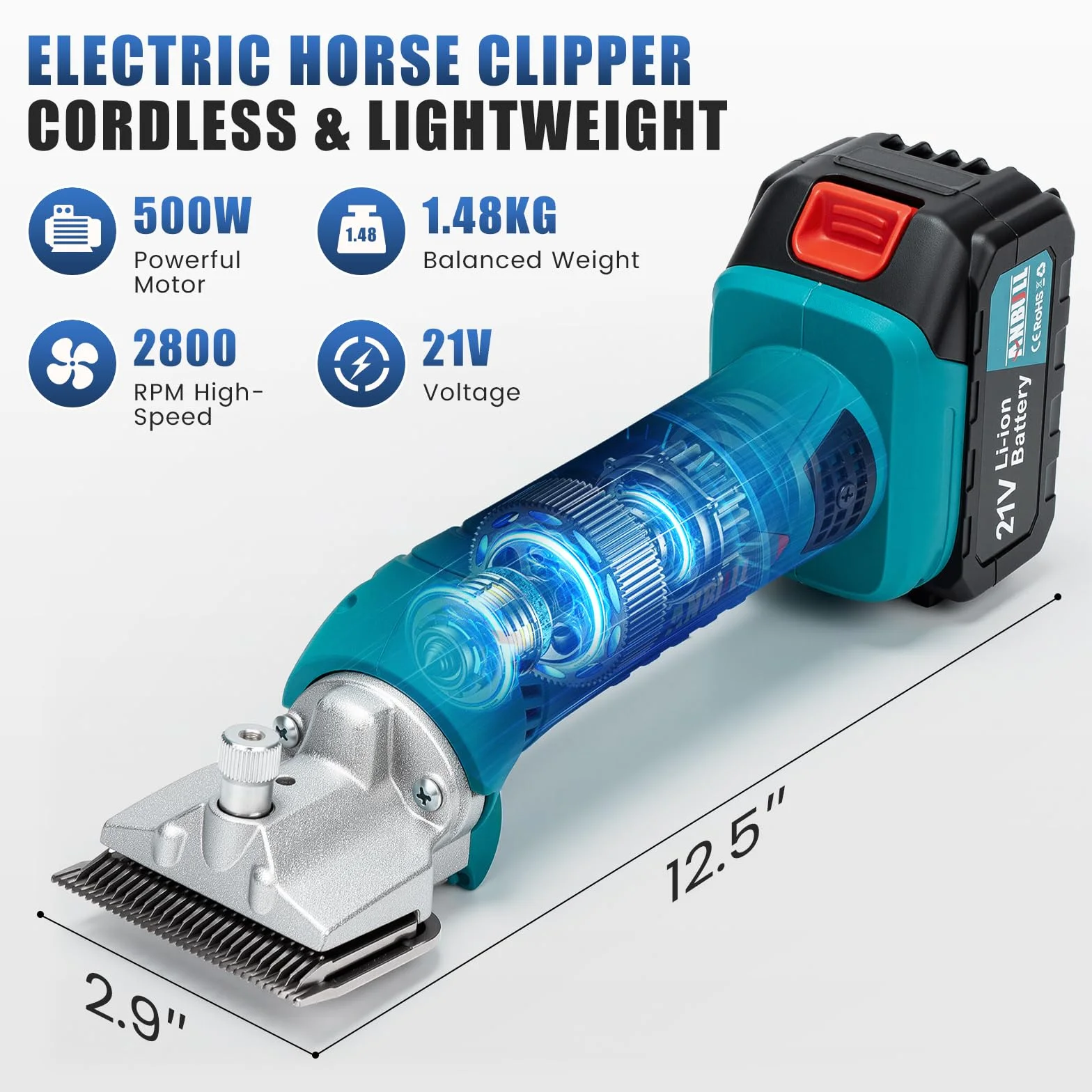 Anbull Máquina Cortapelo inalámbrica para caballos con 2 baterías 4Ah, motor potente 2800 RPM, cortadora profesional para pelo grueso y enredado, 6 velocidades