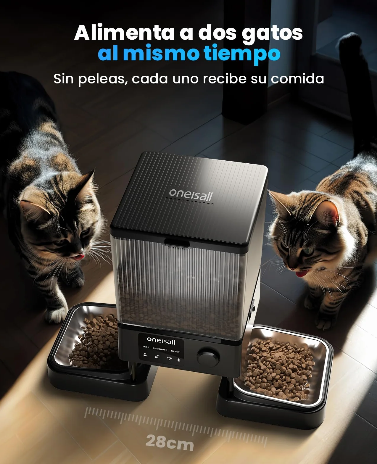 oneisall 5L Comedero Automático Gato 2 Tazones, 5G/2.4G WiFi Máquina de Comida Inteligente para Gatos/Perros, fácil Operación con Control App, con 2 Tazones de Acero Inoxidable, Grabadora de Voz