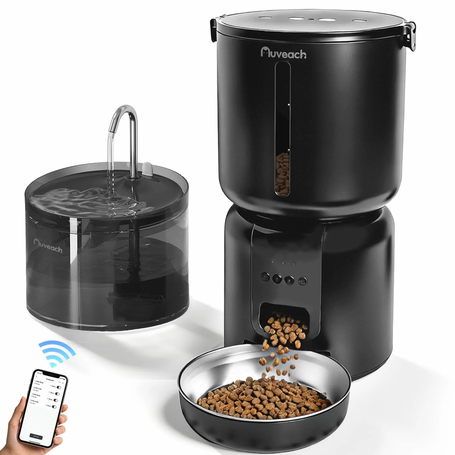 Comedero Gato Automatico y Fuente para Gatos Set - 4L WiFi 2.4G Dispensador de Comida para Gatos Perros con Temporizador Programable, 1-10 Comidas al Día, Cuenco de Acero Inoxidable (Negro)