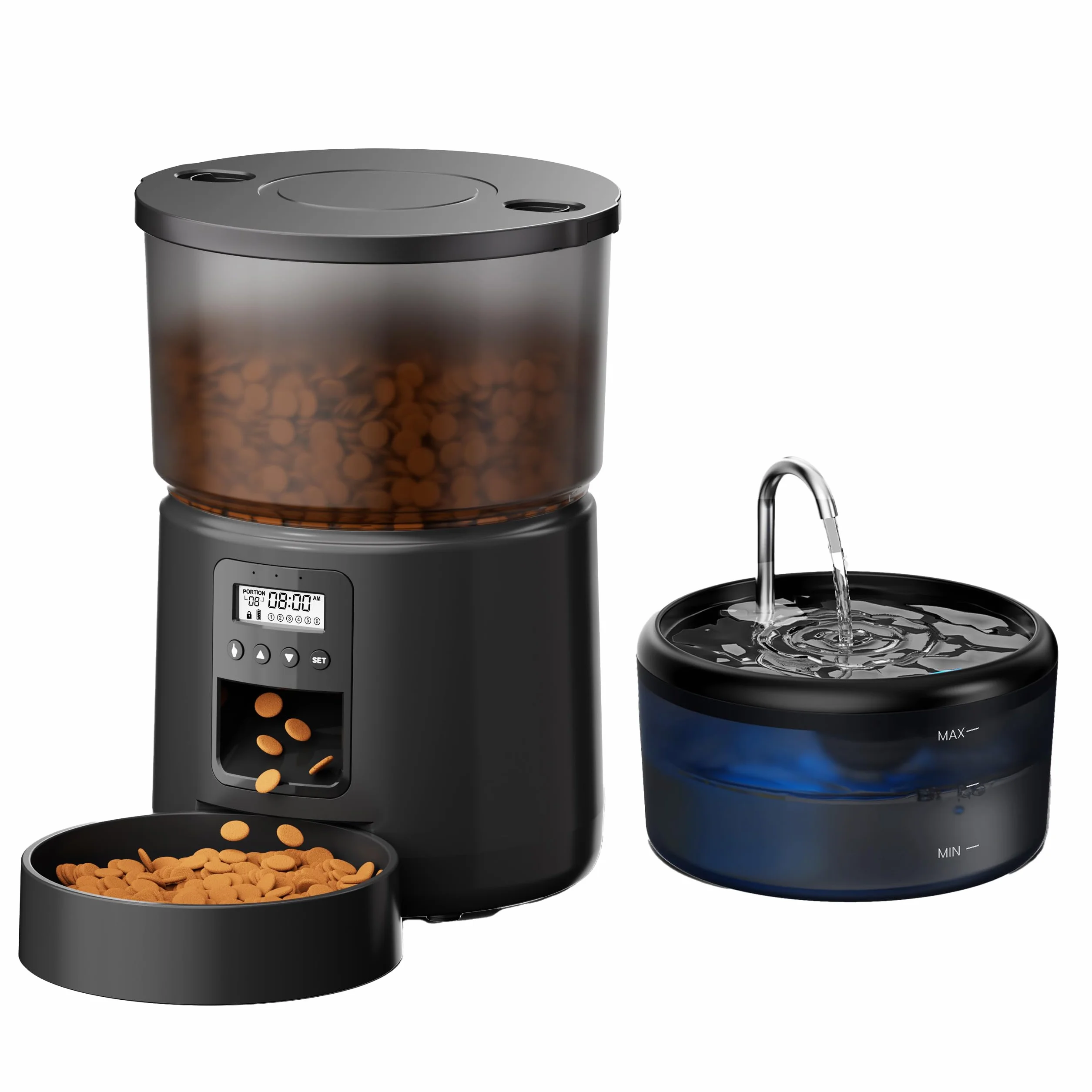 Comedero Gato Automatico y Fuente para Gatos: Dispensador Comida Gatos con Programable Temporizador 6 Comida al Día - 3L Alimentador Perro y 2.4L Bebedero para Pequeño/Mediano Mascota - 10S Grabación