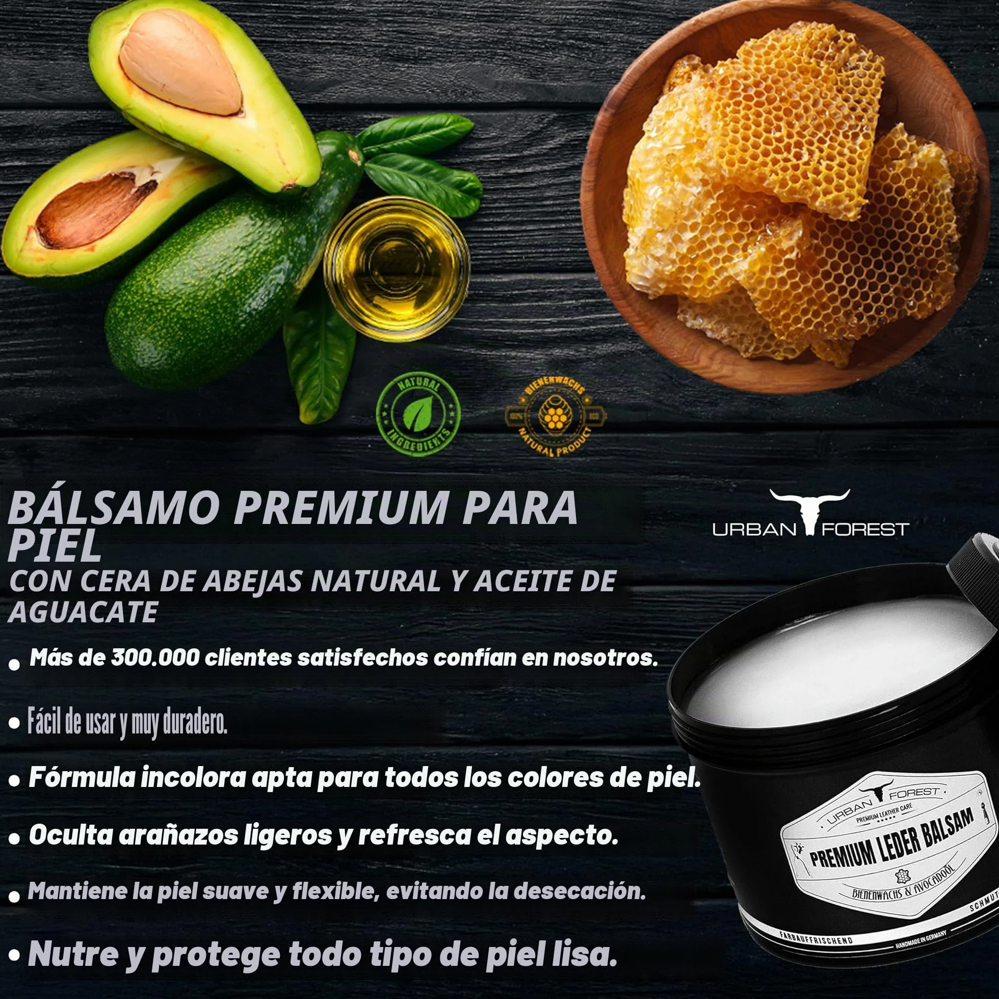 Cuidado del Cuero incoloro para Coche Muebles Chaquetas Bolsos sofá Zapatos sillín Cuero BÁLSAMO de URBAN FOREST con Aceite de Cera de Abejas y Aguacate, tamaño: 500ml
