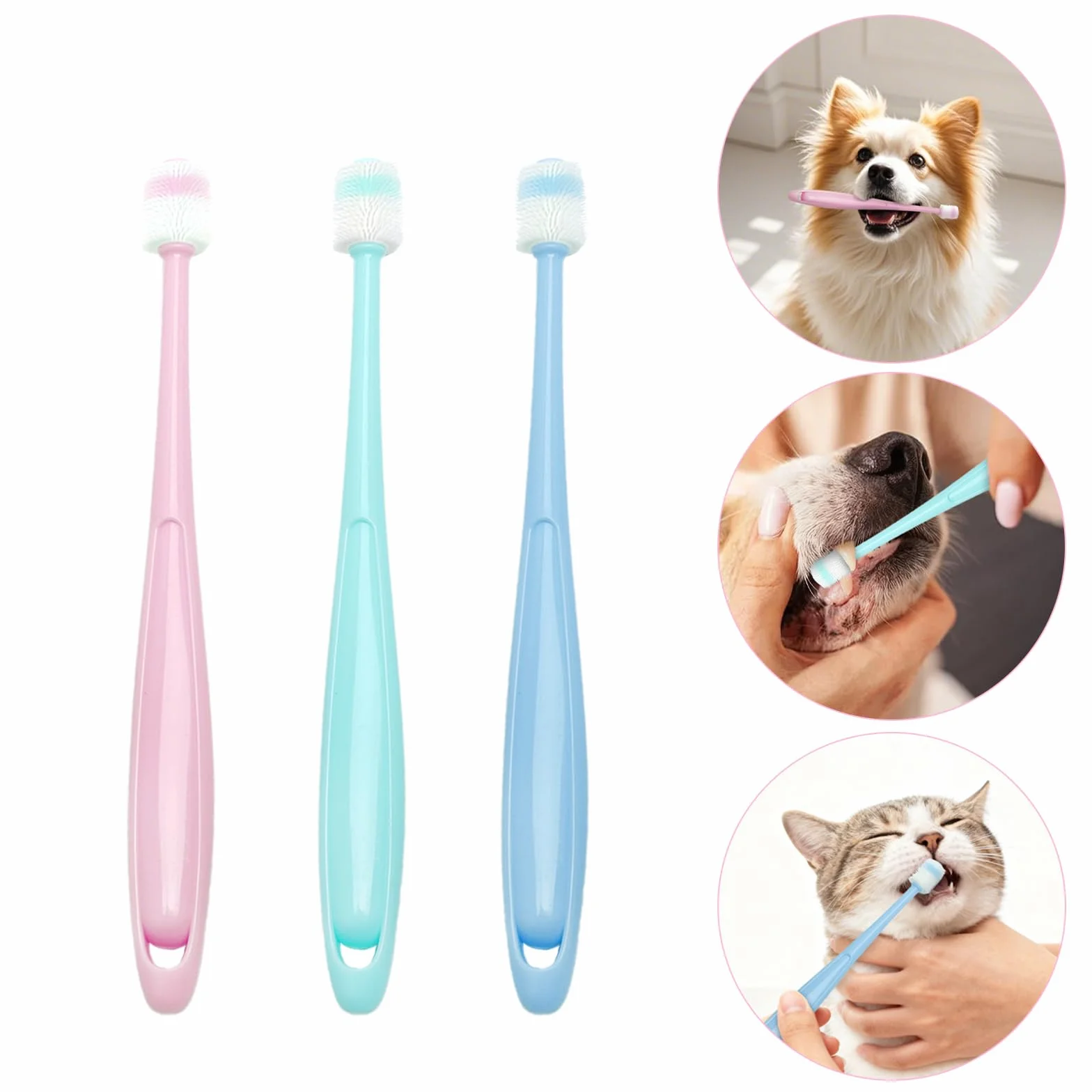 Juego de Cepillo de Dientes para Gatos – 3 Cepillos de Dientes + 2 Cepillos de 360 Grados, Silicona Suave, Reutilizable, para Perros y Gatos
