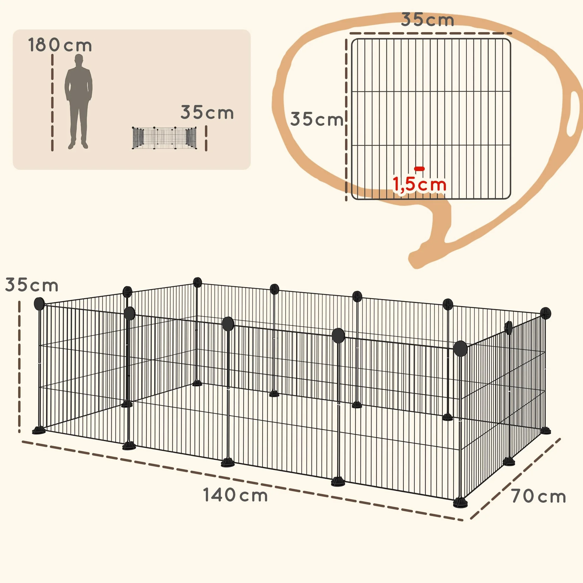 PawHut Valla Metálica para Mascotas con 12 Paneles Diseño DIY Parque Metálico para Animales Pequeños Desmontable para Erizo Conejos 140x70x35 cm Negro