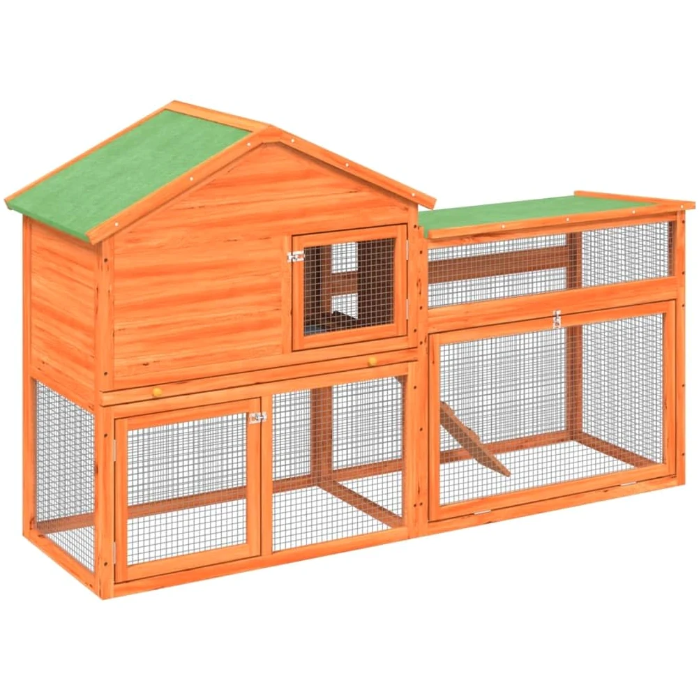 Conejera con cercado de rueda libre, 185,5 x 60,5 x 109,5 cm, conejera de madera maciza de pino para animales pequeños, 2 niveles, jaula para conejos y cobayas, marrón y verde