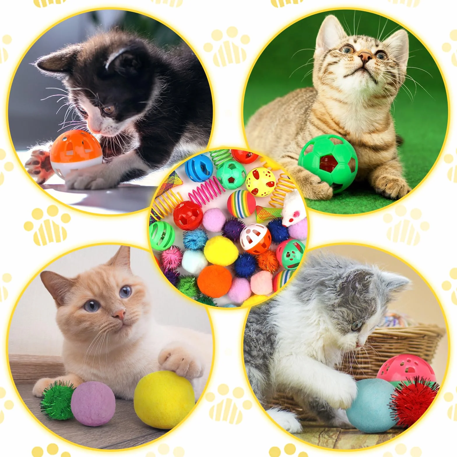 QUOZUO Juego interactivo para gatos, 60 resortes, bolas brillantes, juguetes de ratón, bolas arrugadas y pompones para gatitos