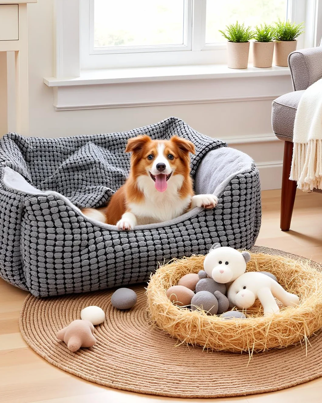 JOEJOY Cama para perros de tamaño mediano, cesta para perros con manta extraíble, cama para perros de pana mullida, lavable, antideslizante, sofá para perros con borde alto, cabe hasta 14 kg mascotas