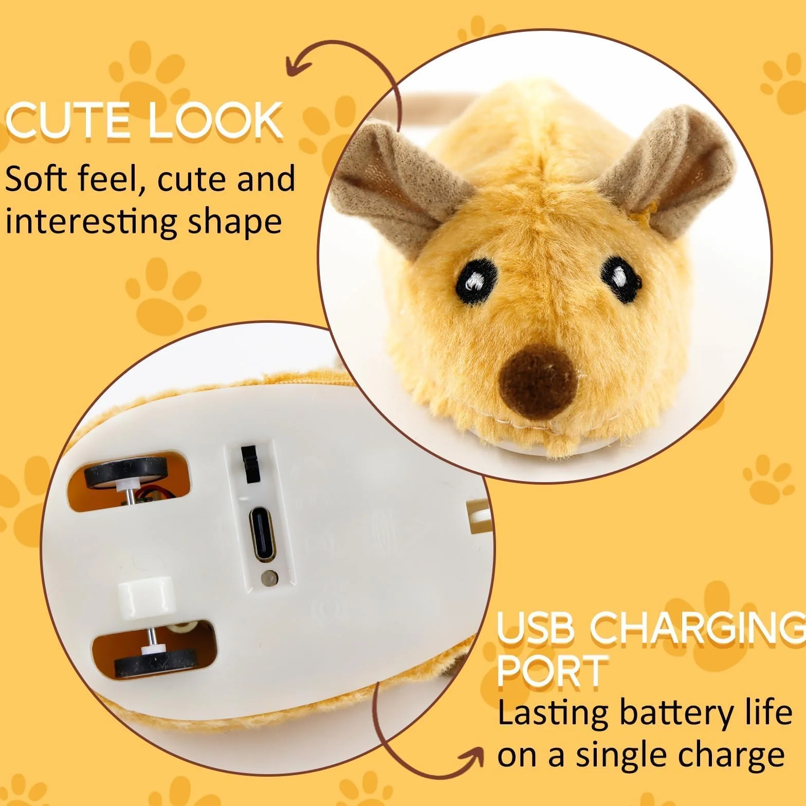 TaimeiMao Ratón de Juguete Eléctrico, Ratón de Simulación Peluche con Cola Emplumada, Juguetes para Gatos Interactivos con Cable USB, Amarillo