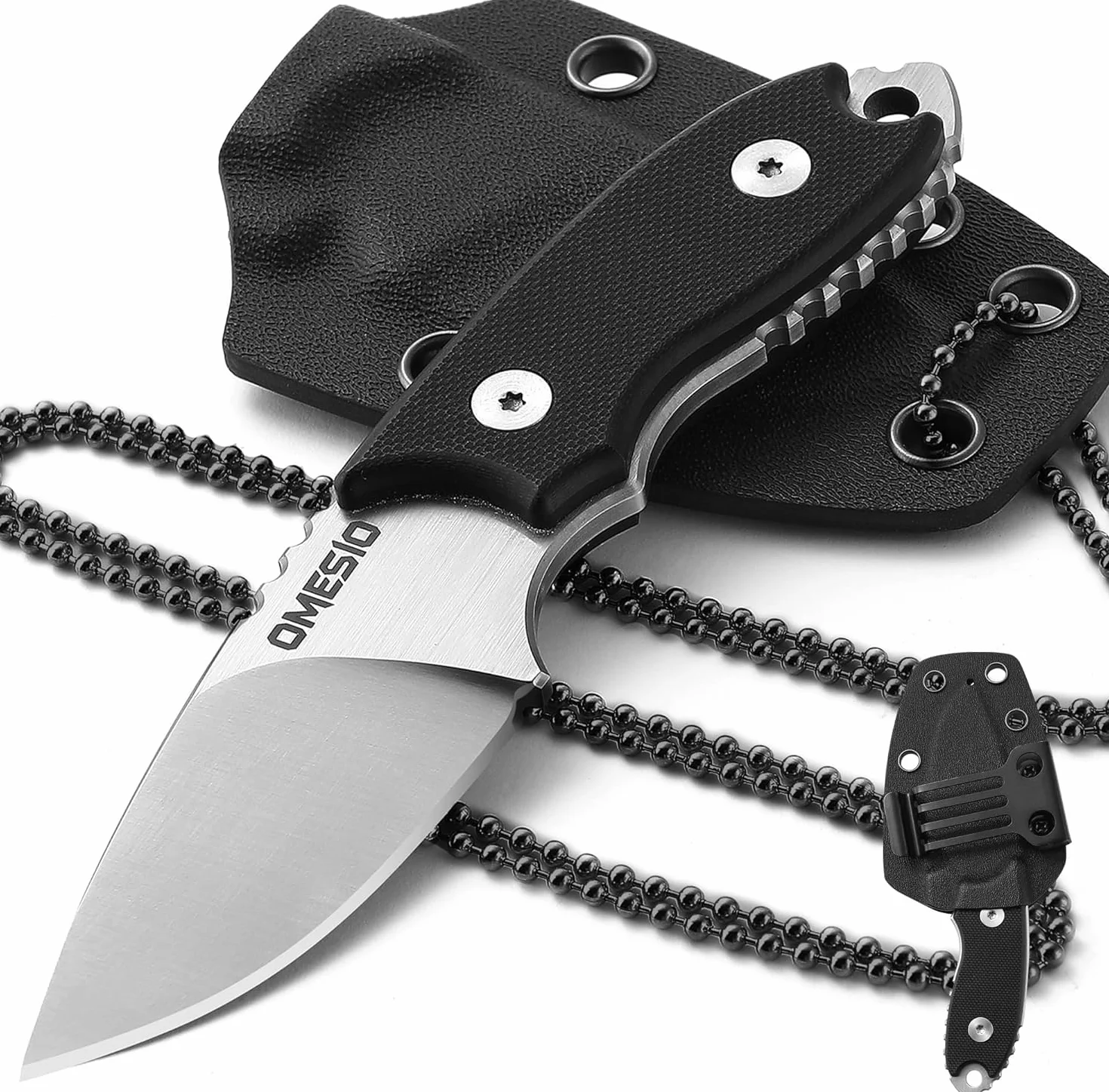 Omesio Cuchillo de cuello D2 acero 5.45 pulgadas con funda y collar