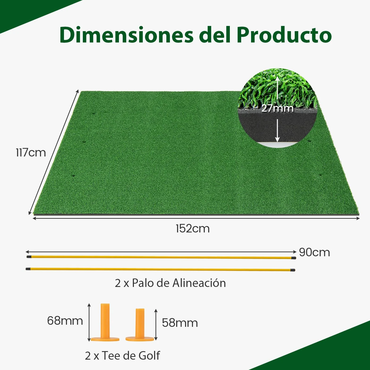 GYMAX Alfombrilla de Golf para Golpear Pelotas, Tapete de Césped Artificial para Práctica de Golf Interior y Exterior con 2 Tees de Goma y 2 Palos de Alineación