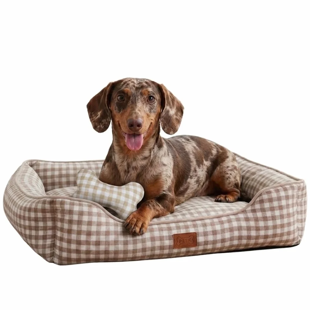 PESK Cama Perro Pequeño 57x47x15cm con Hueso de Juguete, Acolchada Relleno de Fibras, Cama Perros Medianos Lavable, Resistente Mordeduras, Camas Perros Medianos Antideslizante, Dog Bed (Beige Talla S)