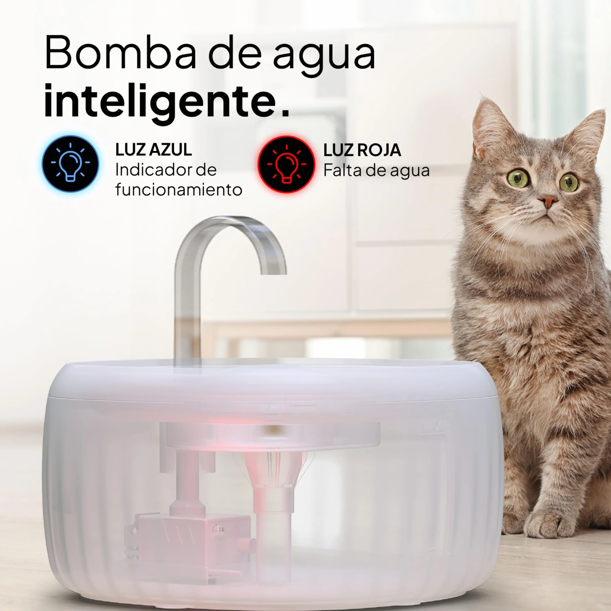 Pretty Paw Fuente de Agua para Gatos 3L con Indicador LED MIN/MAX - Funcionamiento Silencioso y Fácil Limpieza, Bebedero Automático con Filtro para Interior - Aquaflow (Blanco)