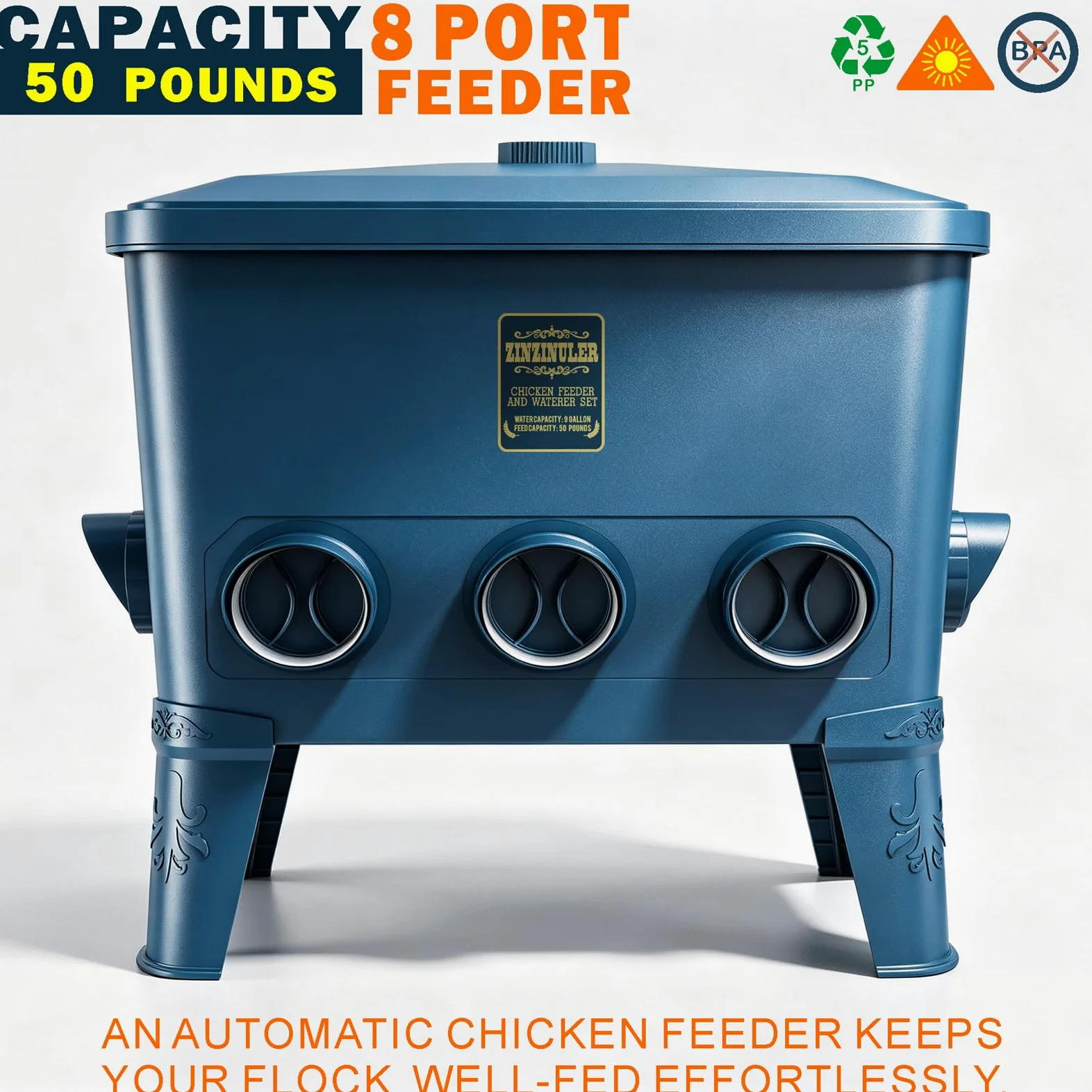 ZINZINULER Juego de comedero automático grande para pollos y bebedero de tazas, accesorios para gallineros, comedero para aves de corral sin residuos, 9 galones/50 libras (cian)