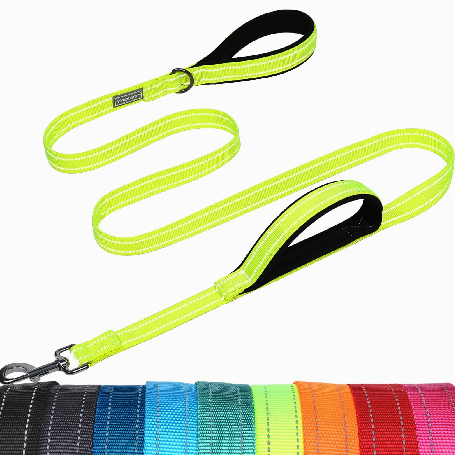 VIVAGLORY Correa para Perro con Asas de Tráfico, Correa para Perro Fuerte con Dos Asas Acolchadas, Correa de Entrenamiento para Perro Reflectante y con Gancho de Metal, Amarillo Brillante
