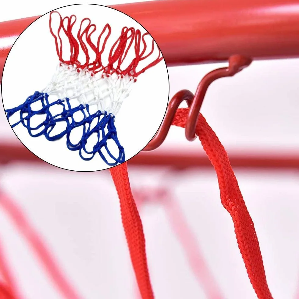 Red de repuesto para canasta de baloncesto de nailon trenzado tricolor rojo/blanco/azul, 12 pasadores
