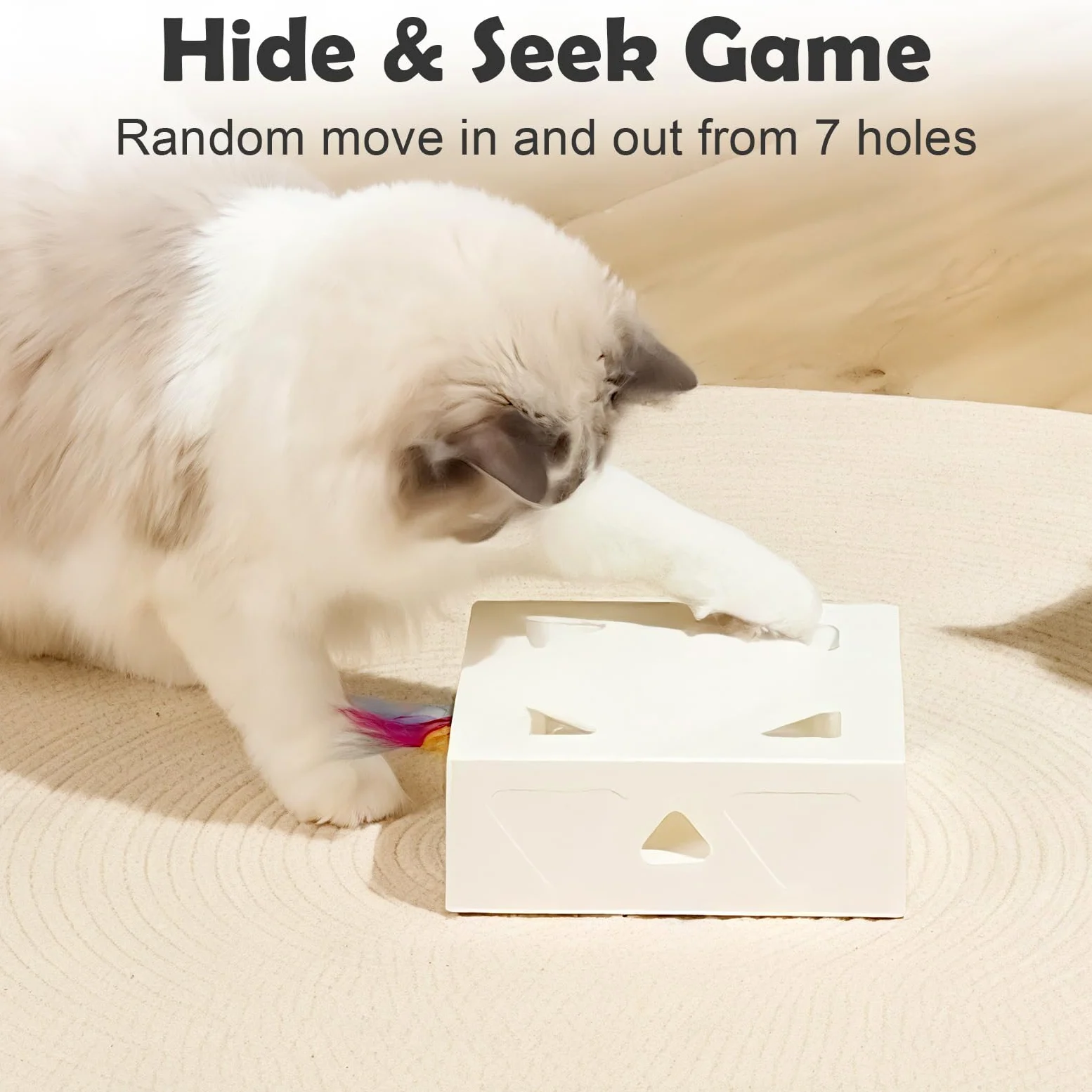 Migipaws Juguete interactivo para gatos blancos con bolsa de tela morada, juego de persecución de ratones alimentado por IA, sensor inteligente, recargable, duradero y divertido de pelota de bricolaje