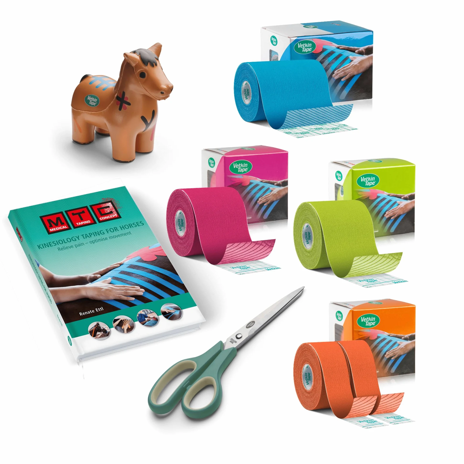 VetkinTape Kit de Introducción Equino | Cinta de Kinesiología Equina | Libro de Taping para Caballos | 3 Tamaños de Cinta de Kinesiología Veterinaria | Tijera Premium